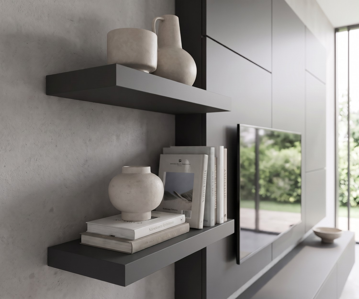 Meuble TV mural Livitalia C102 avec étagères Meuble TV mural C102 par Livitalia avec étagères suspendues gris anthracite pour la déco du salon contemporain.