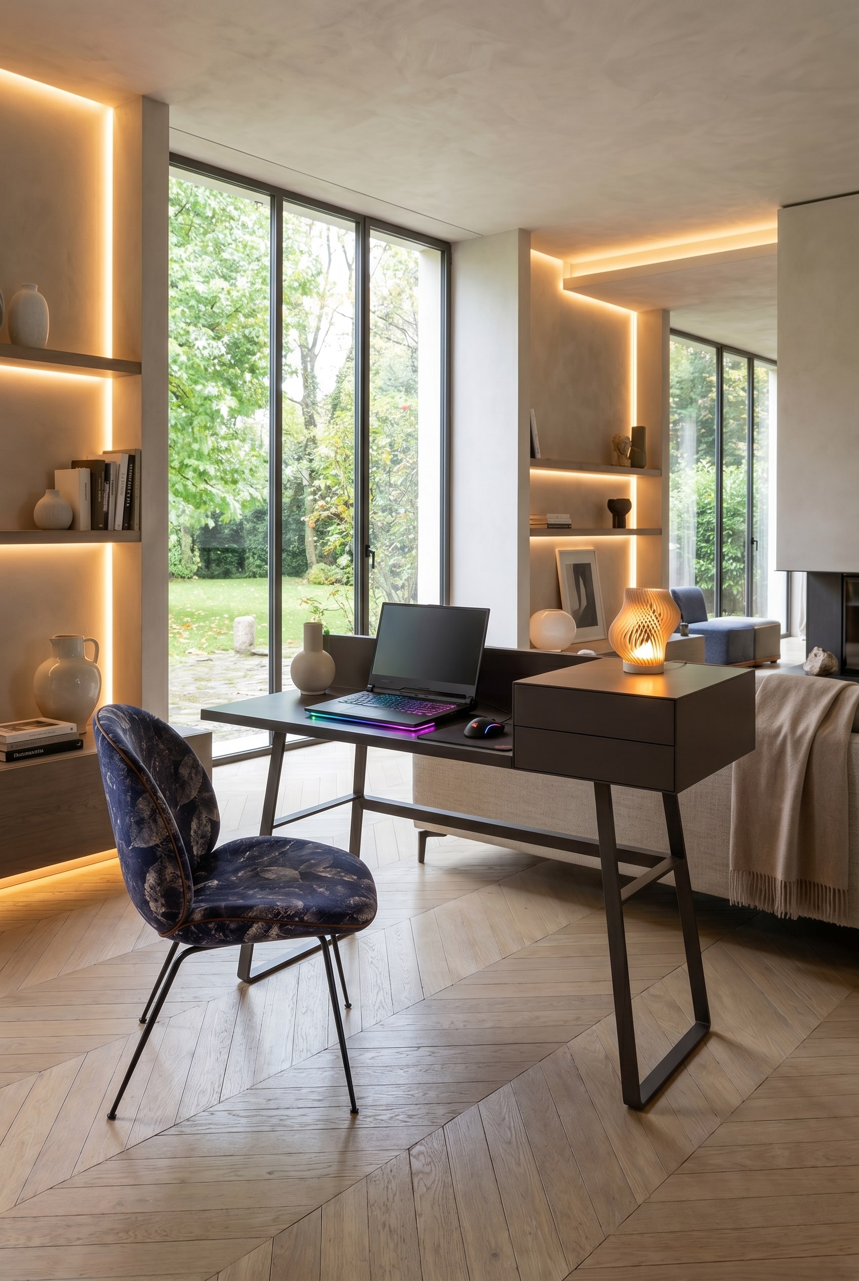 Modernes Wohnzimmer mit geschlossenem Design-Sekretär in dunkler Eiche und messingfarbener Stehlampe