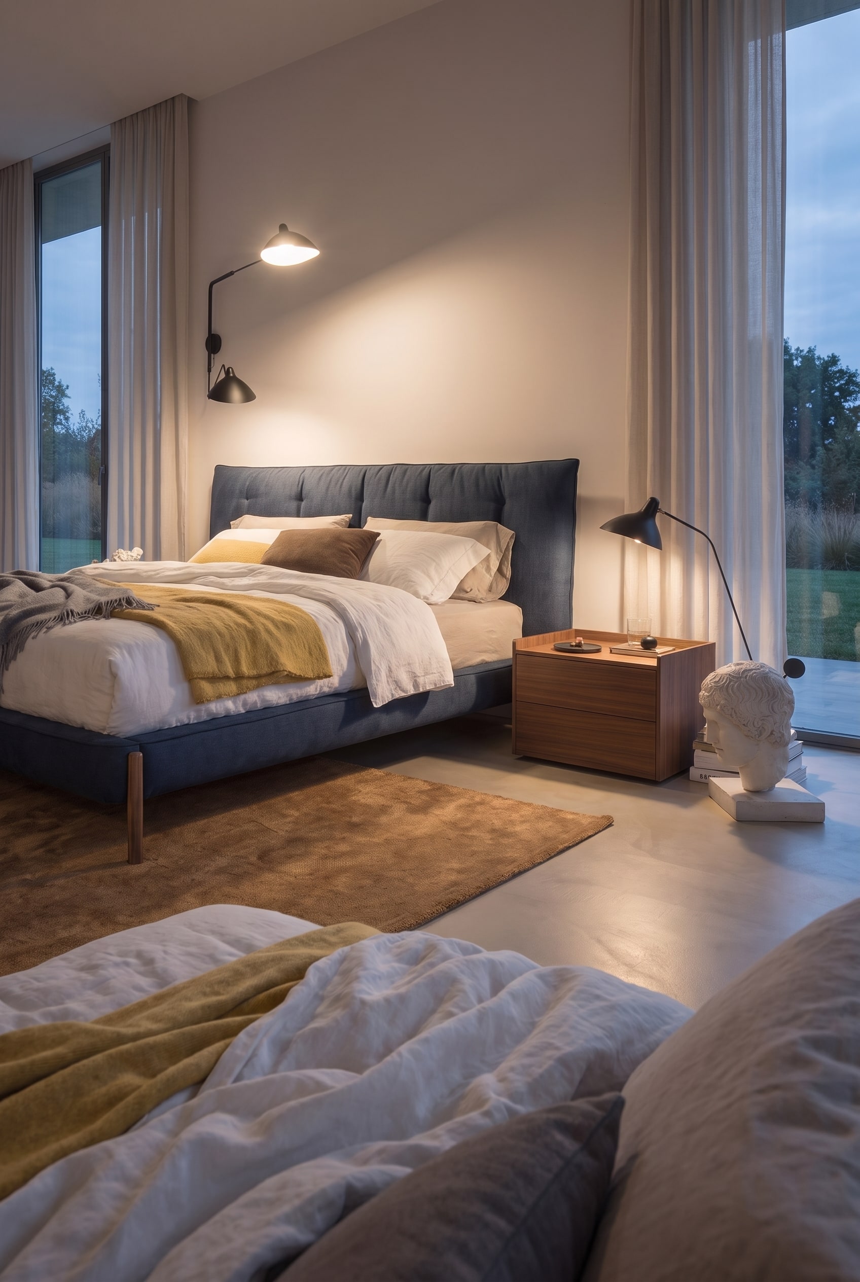 Nachttisch mit Designerlampe steht vollst&auml;ndig auf einem warmen Teppich neben einem dunkelblauen Polsterbett.