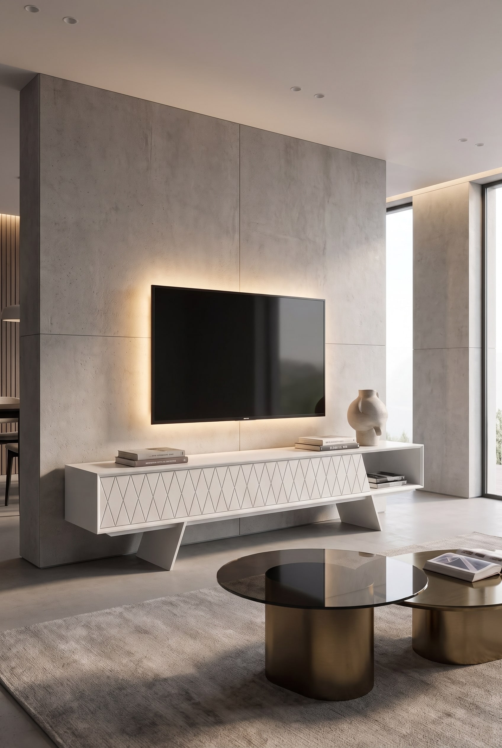 Modernes Wohnzimmer mit einem tiefmatten, salbeigr&uuml;nen Lowboard vor einer hellen, neutralen Wand, dar&uuml;ber der Fernseher
