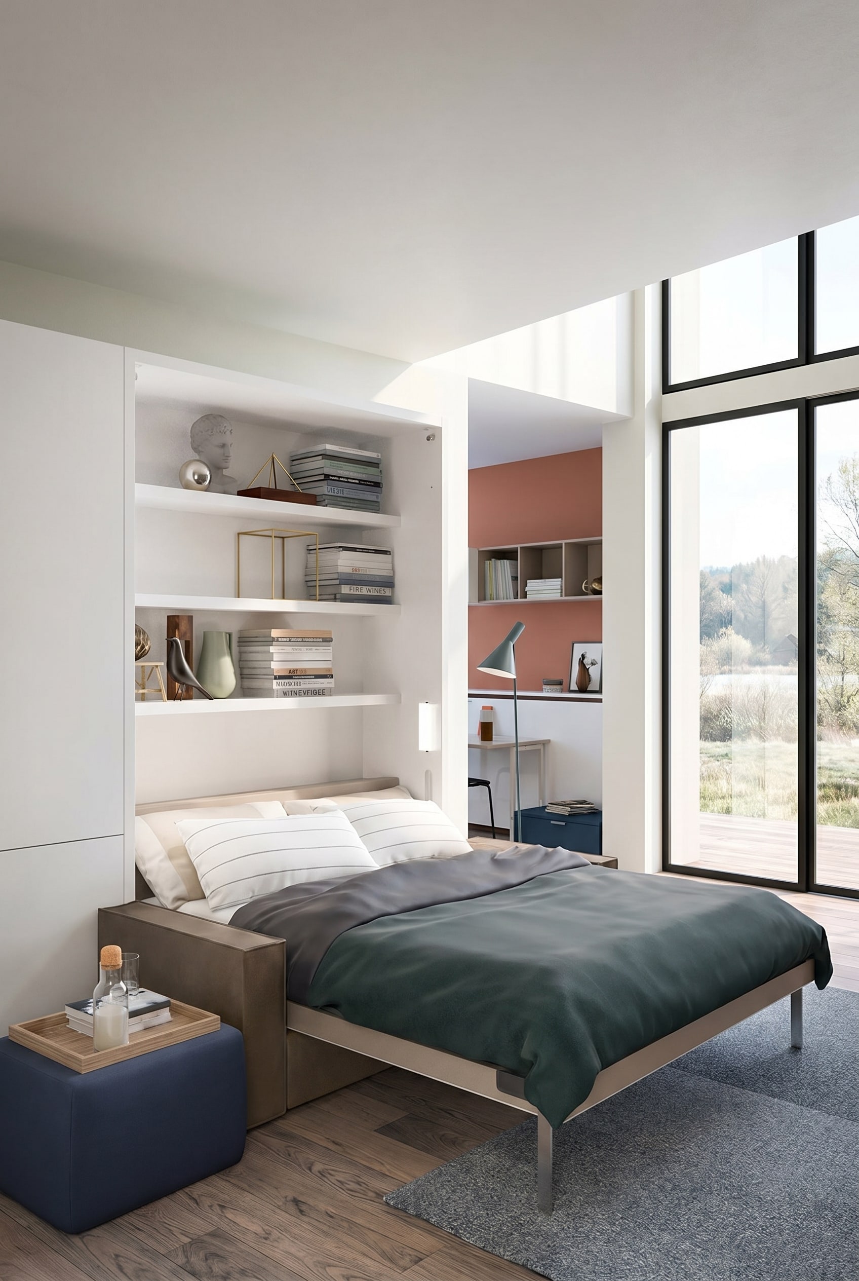 Modernes Zimmer mit einem elegant in die wei&szlig;e Schrankwand integrierten Clei Penelope 2 Schrankbett.