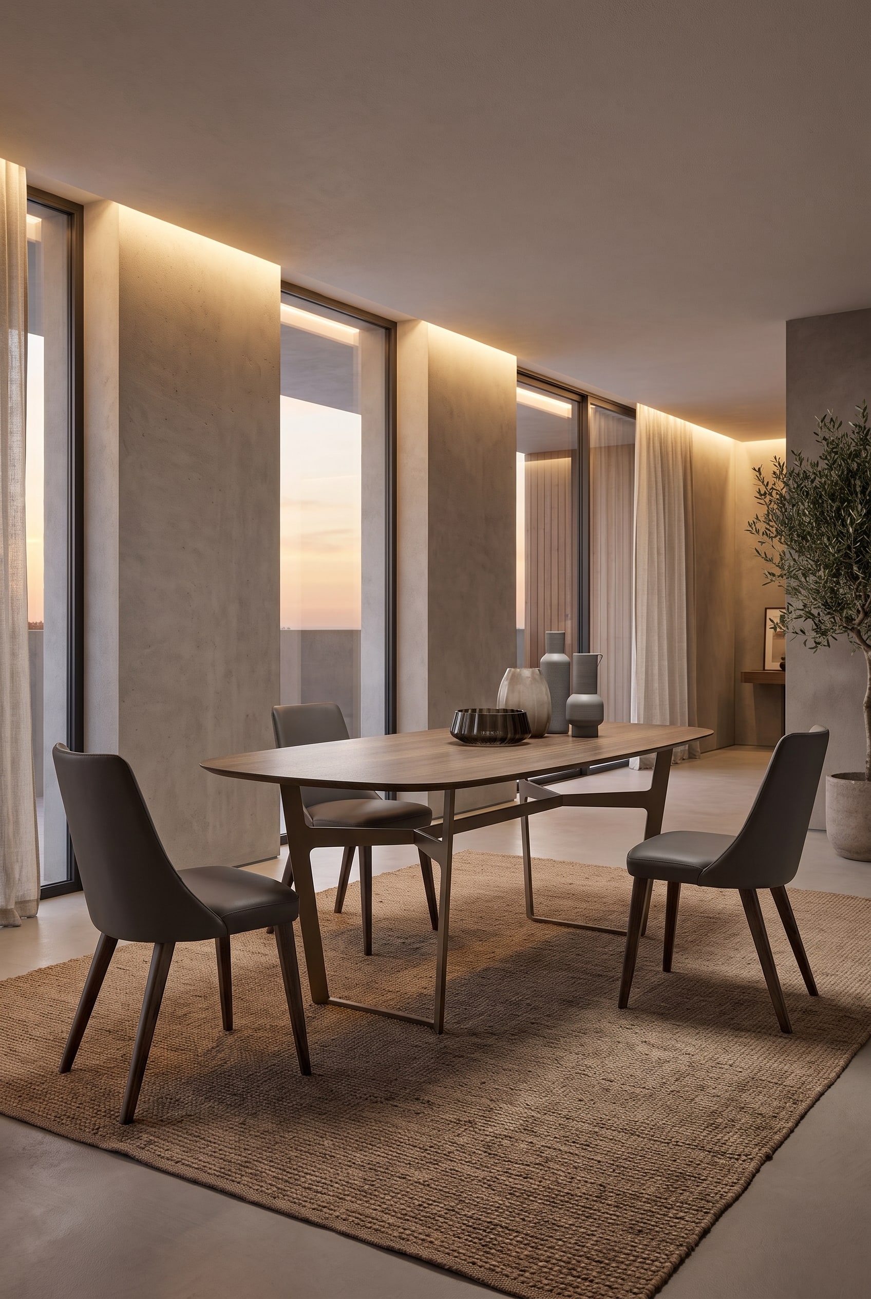 Salle &agrave; manger minimaliste avec table &agrave; manger rectangulaire en bois, trois vases en c&eacute;ramique gris et des chaises rembourr&eacute;es beiges