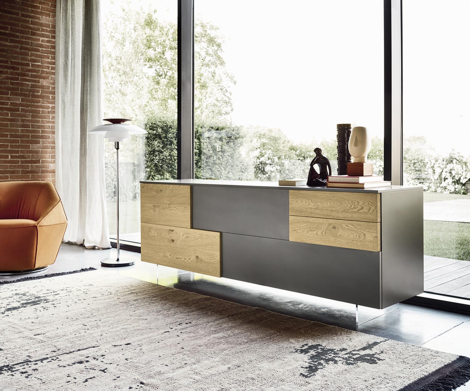Exclusif Livitalia Design Sideboard Incontro laque mate gris foncé chêne véritable