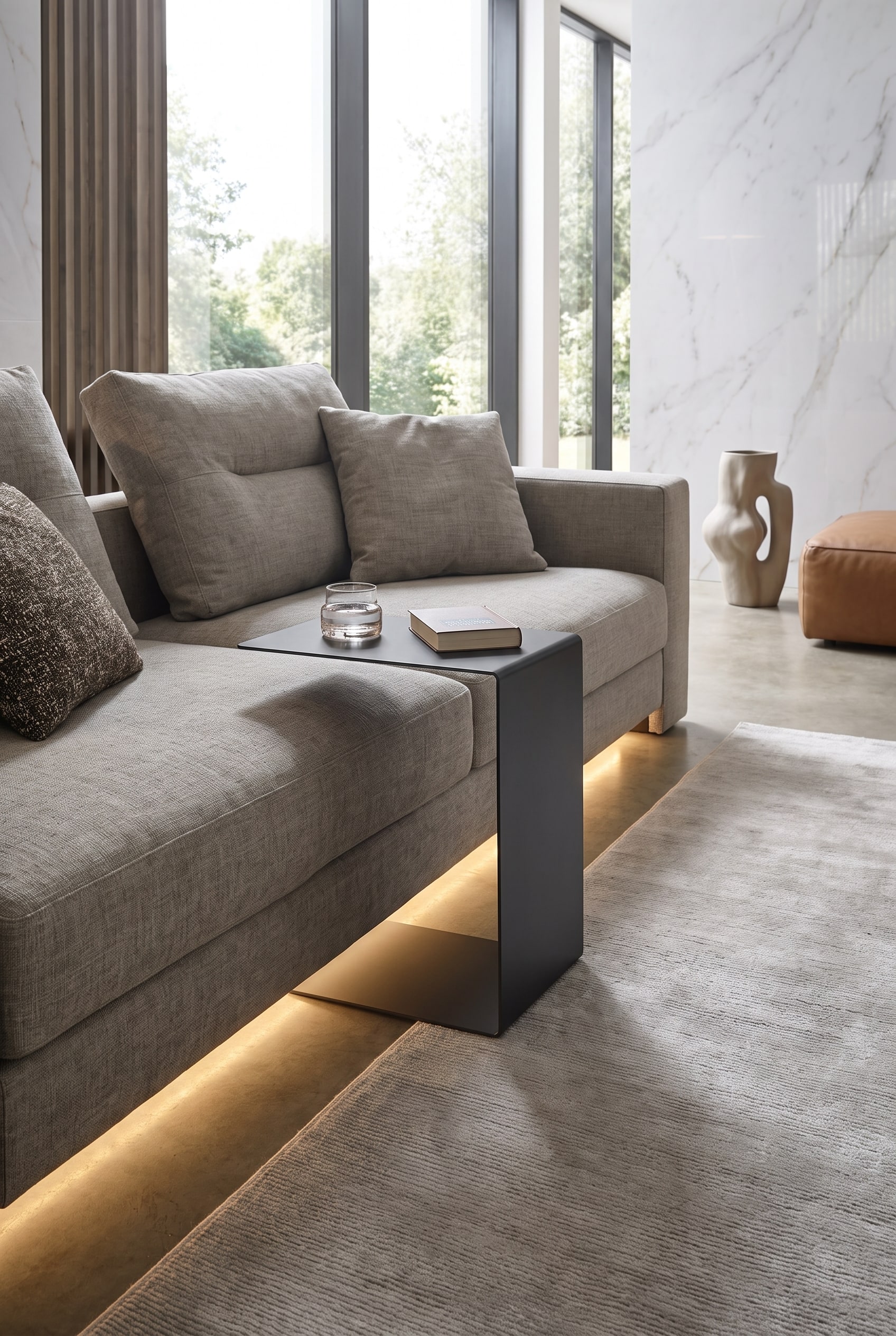 Nahaufnahme eines modernen Sofas mit einem filigranen Beistelltisch in C-Form aus mattschwarzem Metall, der &uuml;ber das Polster ragt.