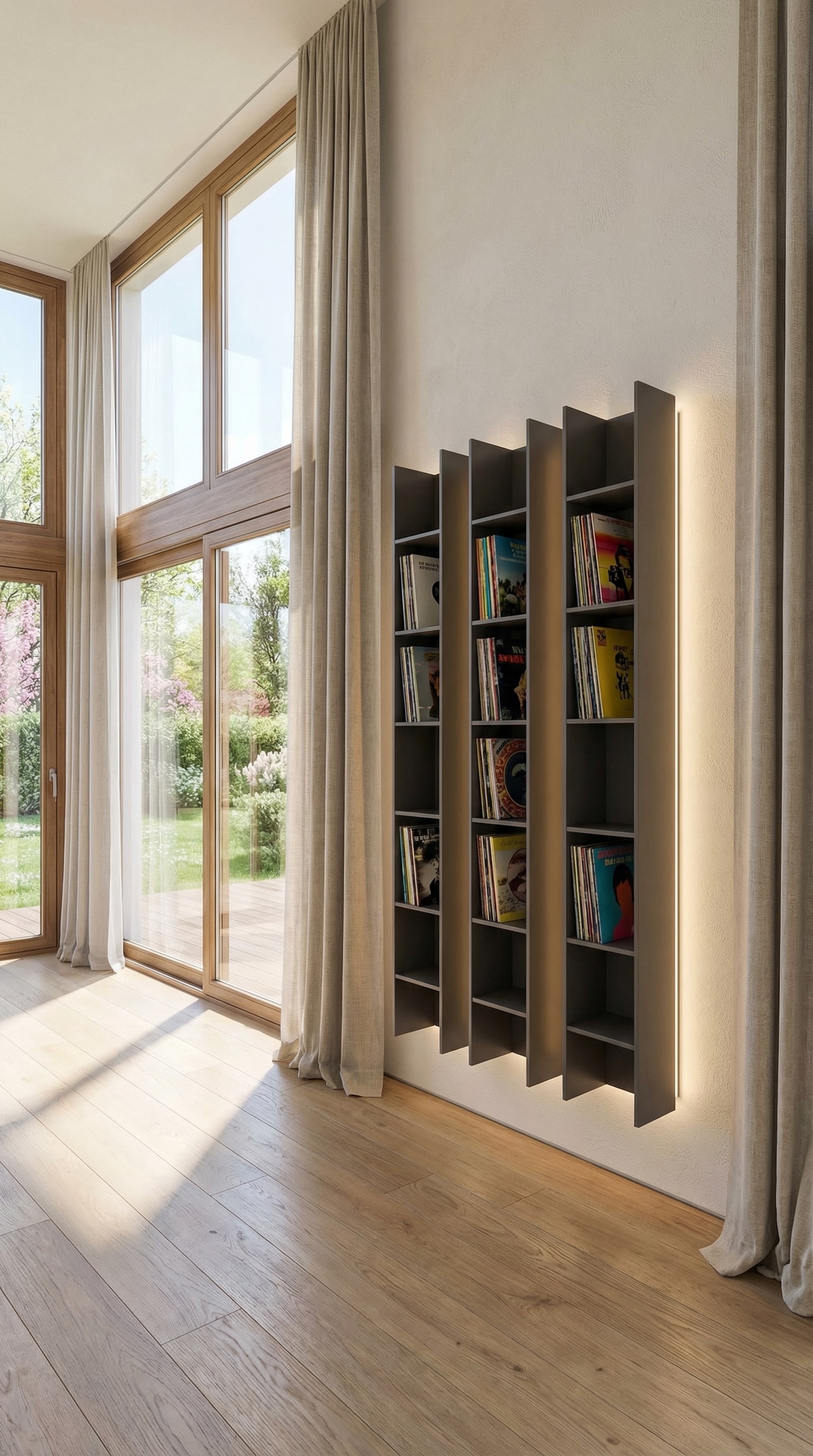 Étagère murale flottante avec disques vinyles et éclairage discret Étagère murale flottante avec disques vinyles et éclairage discret