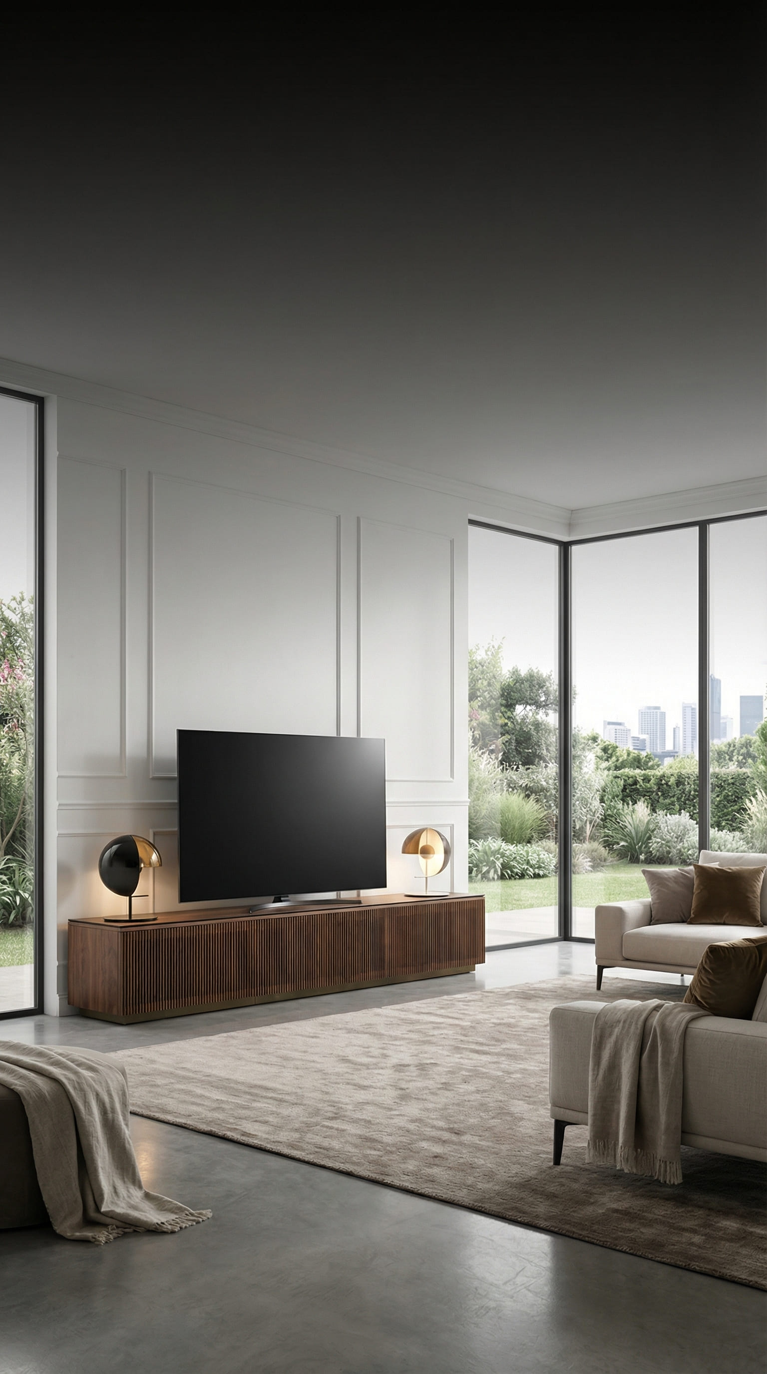 Meuble bas Punt Malm&ouml; avec fa&ccedil;ade &agrave; lattes en noyer et luminaire design