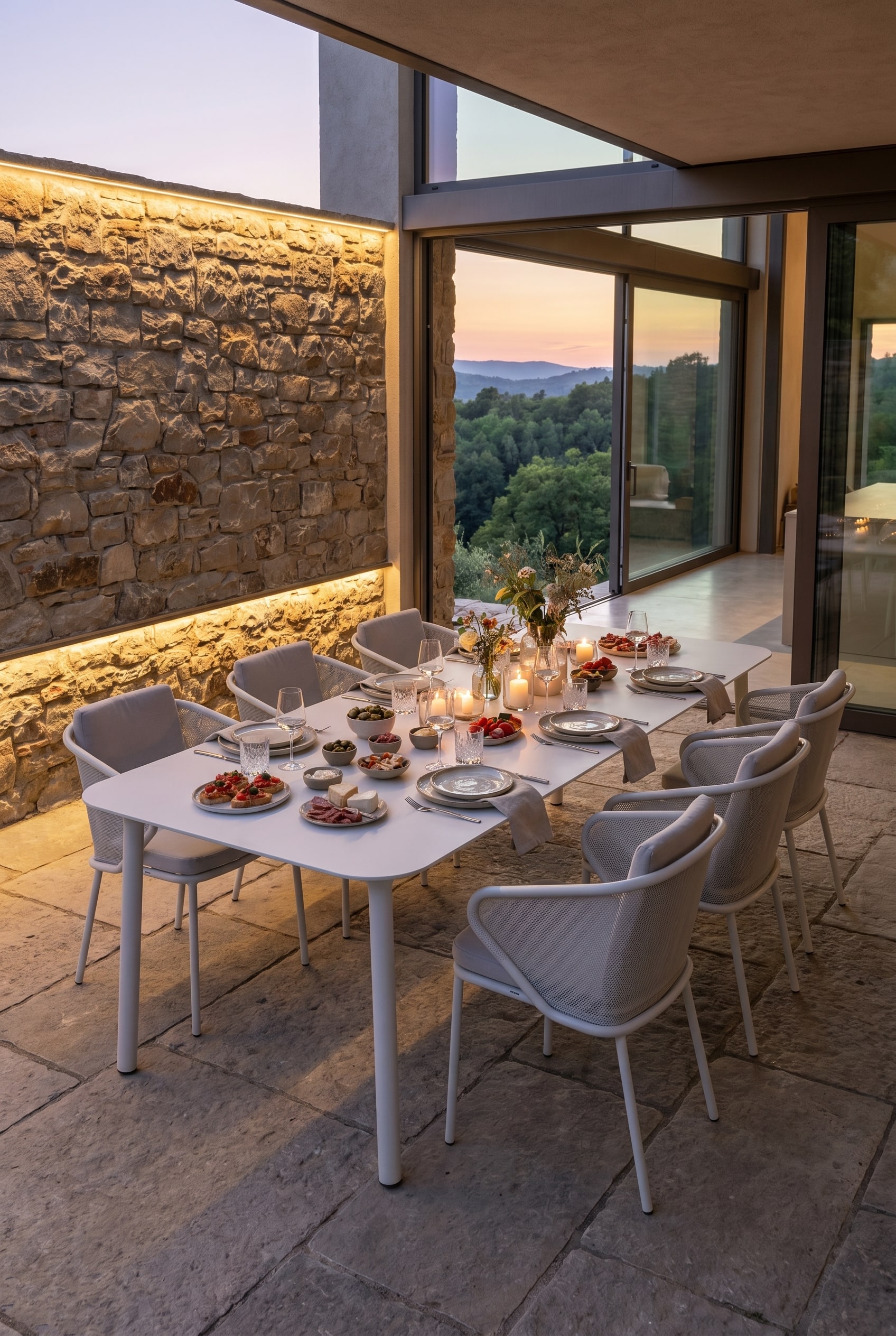Quatre fauteuils d'ext&eacute;rieur confortables en gris avec un design ergonomique autour d'une table &agrave; manger minimaliste