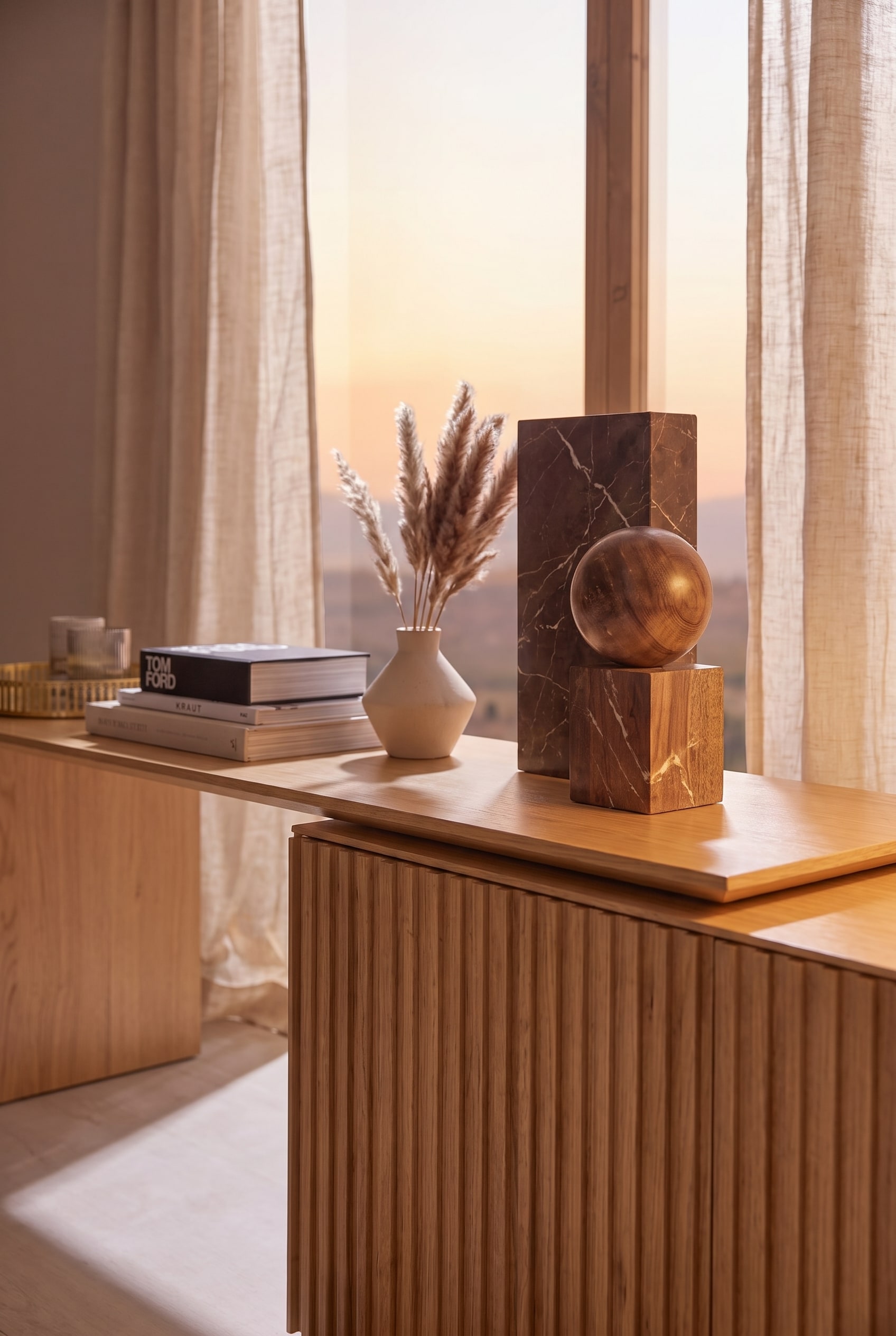 Makroaufnahme der Rillenholz-Front des Sideboards mit darauf platzierten Marmor-Blöcken, einer Holzkugel und einer Vase.