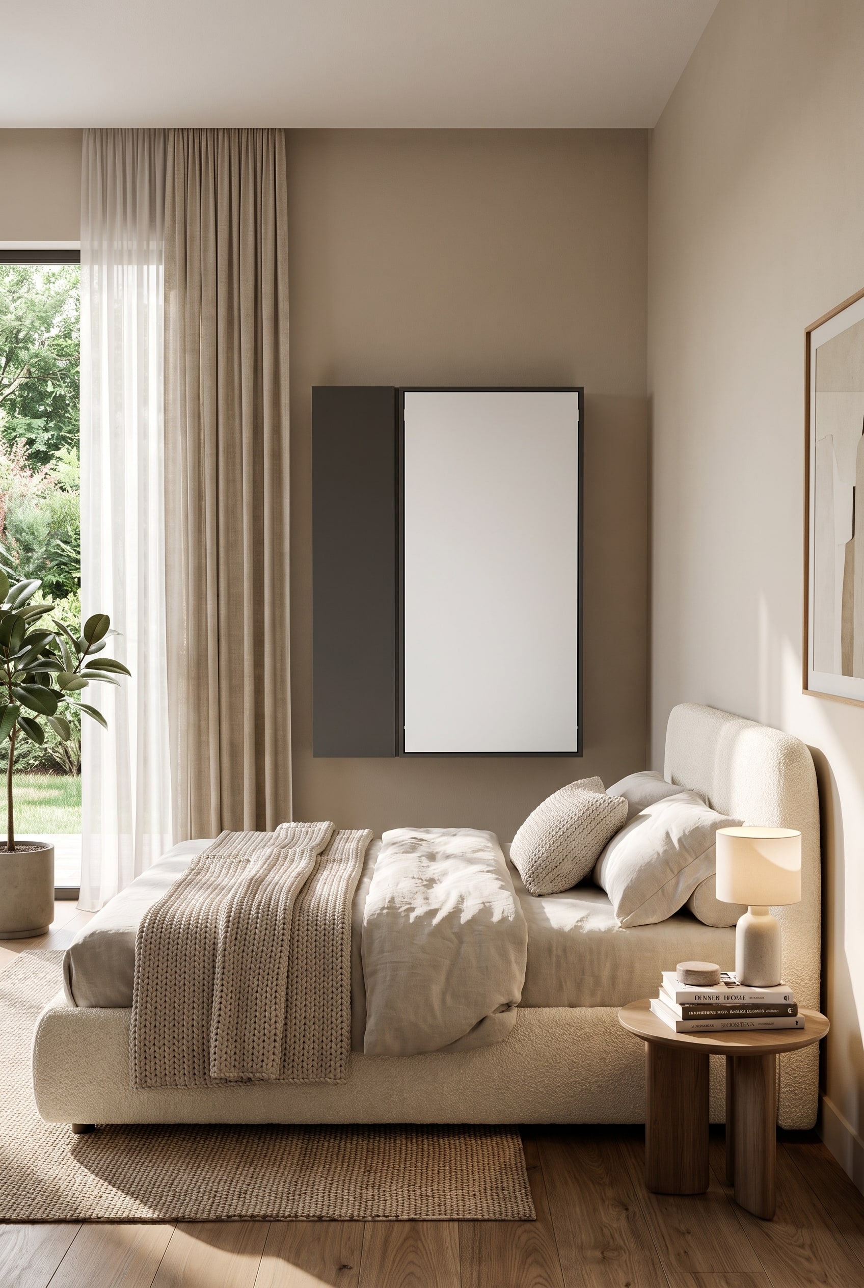 Une chambre d'amis &eacute;l&eacute;gante et moderne avec un lit rembourr&eacute; doux et une table murale pliante &eacute;troite et ferm&eacute;e comme espace de travail peu encombrant.