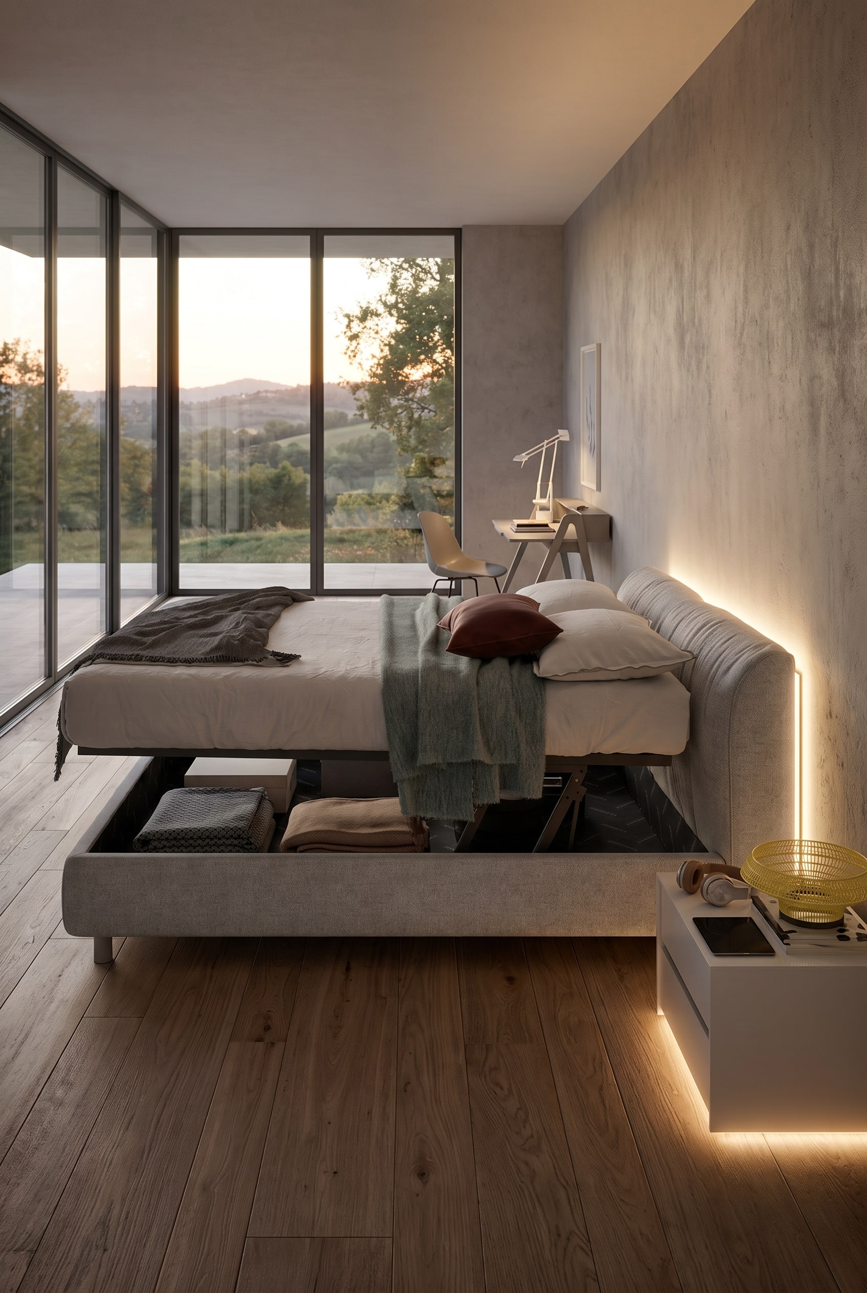 Chambre d'adolescent avec un lit rembourr&eacute; beige, dont la surface de couchage relev&eacute;e r&eacute;v&egrave;le un g&eacute;n&eacute;reux coffre de rangement rempli de sacs sous vide
