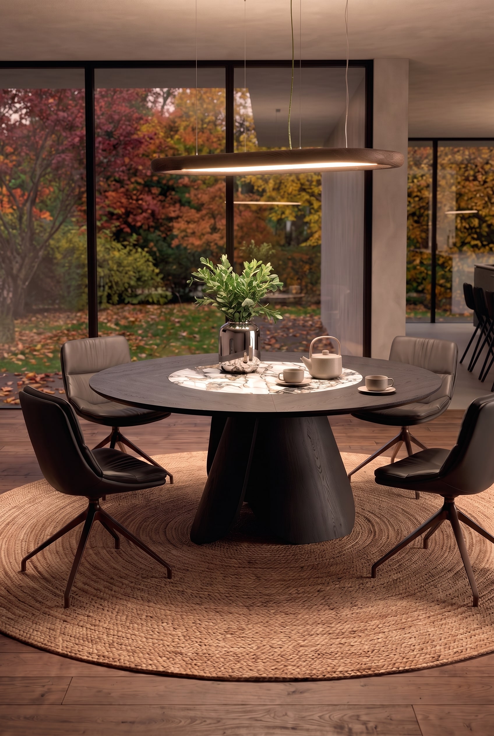 Table à manger ronde en bois foncé avec marbre clair, décorée d'un vase chromé et d'une branche verte devant une fenêtre de jardin.