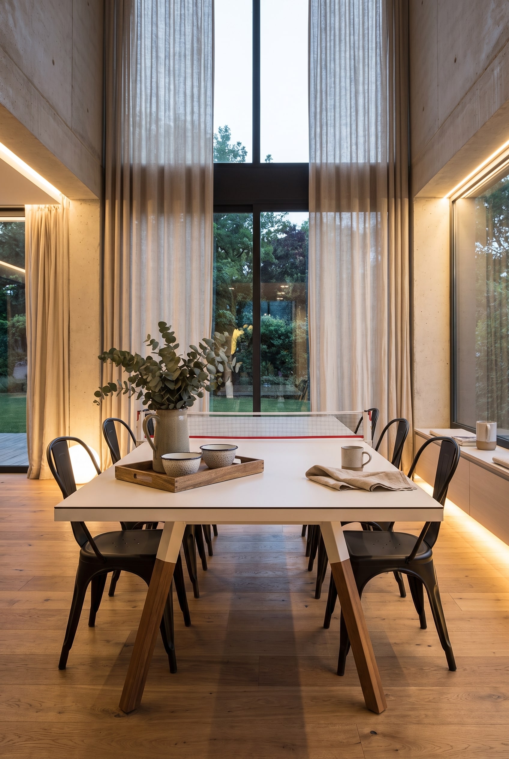 Salle à manger lumineuse avec table multifonction blanche, plateau en bois avec bols en émail et chaises en métal noir