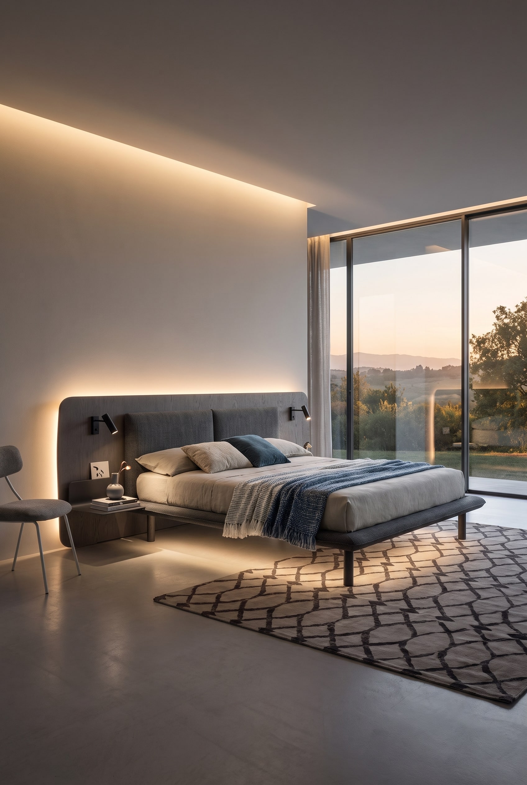 Chambre d'amis de boutique-h&ocirc;tel avec un grand lit rembourr&eacute;, dont la t&ecirc;te de lit extra-large encadre les tables de chevet, &eacute;clair&eacute;e par des spots LED orientables