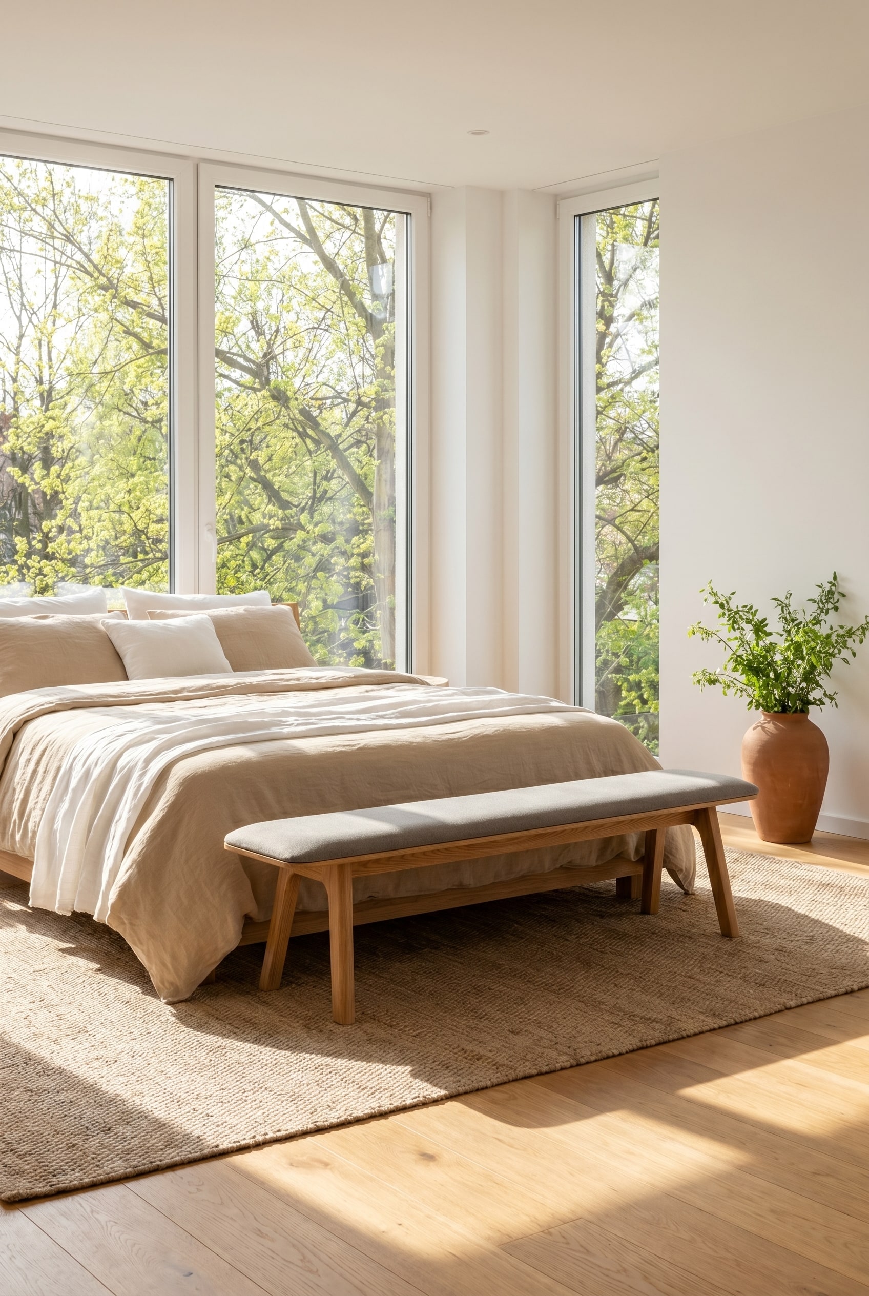 Hochwertige Holzsitzbank mit filigranem Gestell in einem lichtdurchfluteten, natürlichen Schlafzimmer Hochwertige Holzsitzbank mit filigranem Gestell in einem lichtdurchfluteten, natürlichen Schlafzimmer