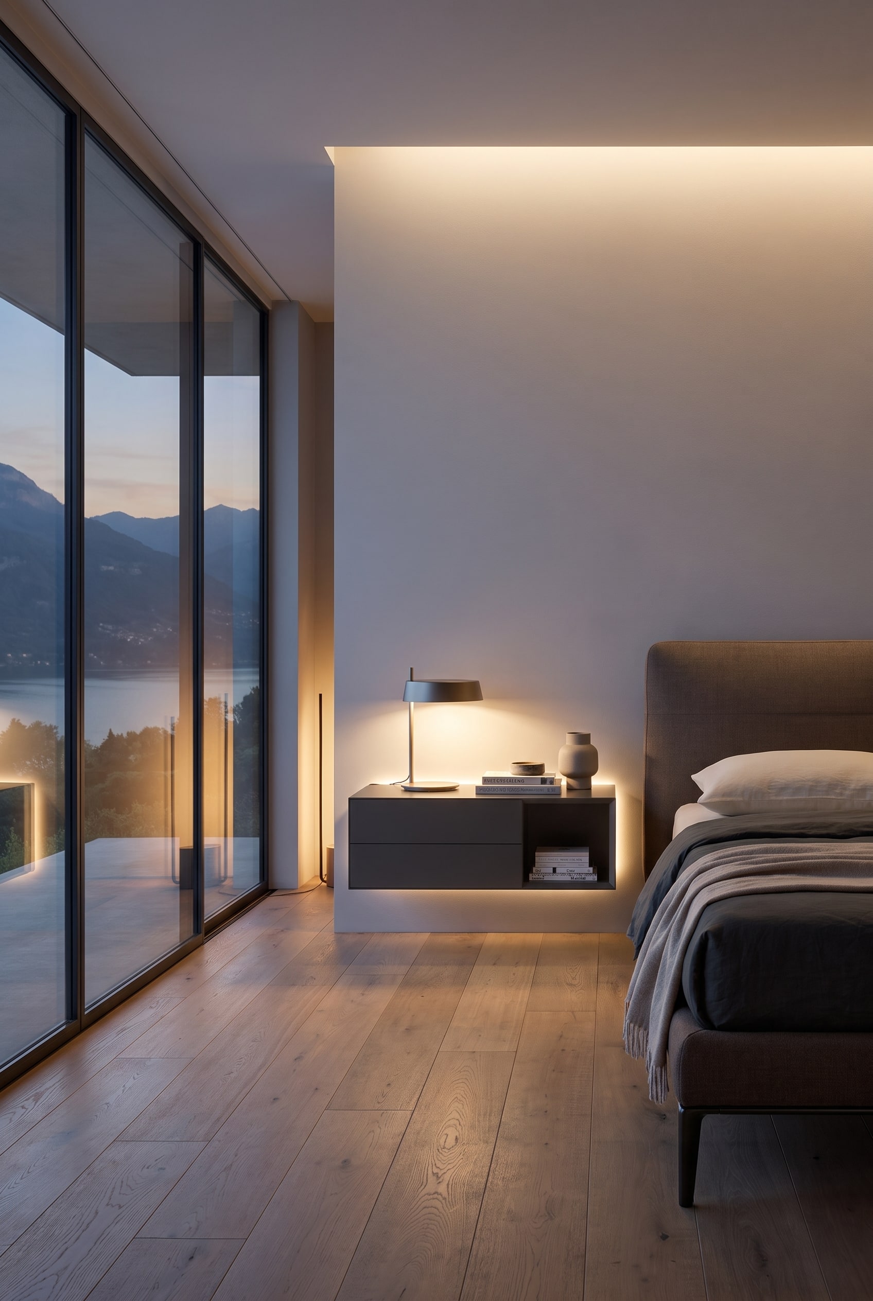 Modernes Schlafzimmer mit h&auml;ngendem Nachttisch, Tischleuchte und Blick durch ein gro&szlig;es Panoramafenster auf eine abendliche Berglandschaft.
