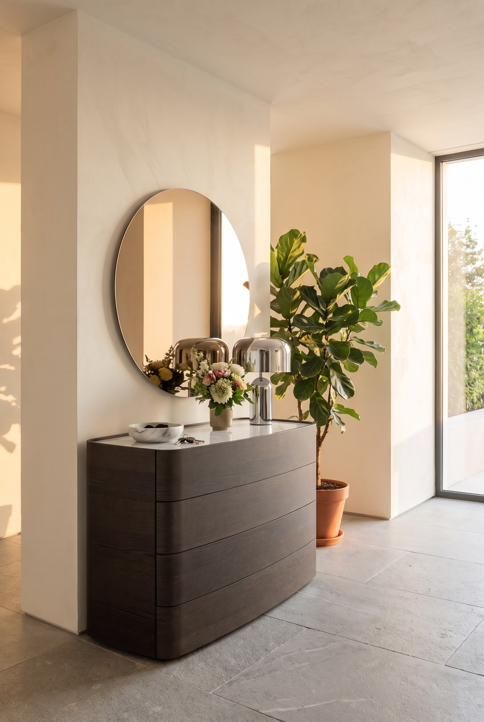 Une &eacute;l&eacute;gante commode en bois &agrave; quatre tiroirs et aux bords doucement arrondis se trouve dans un couloir moderne et &eacute;troit.