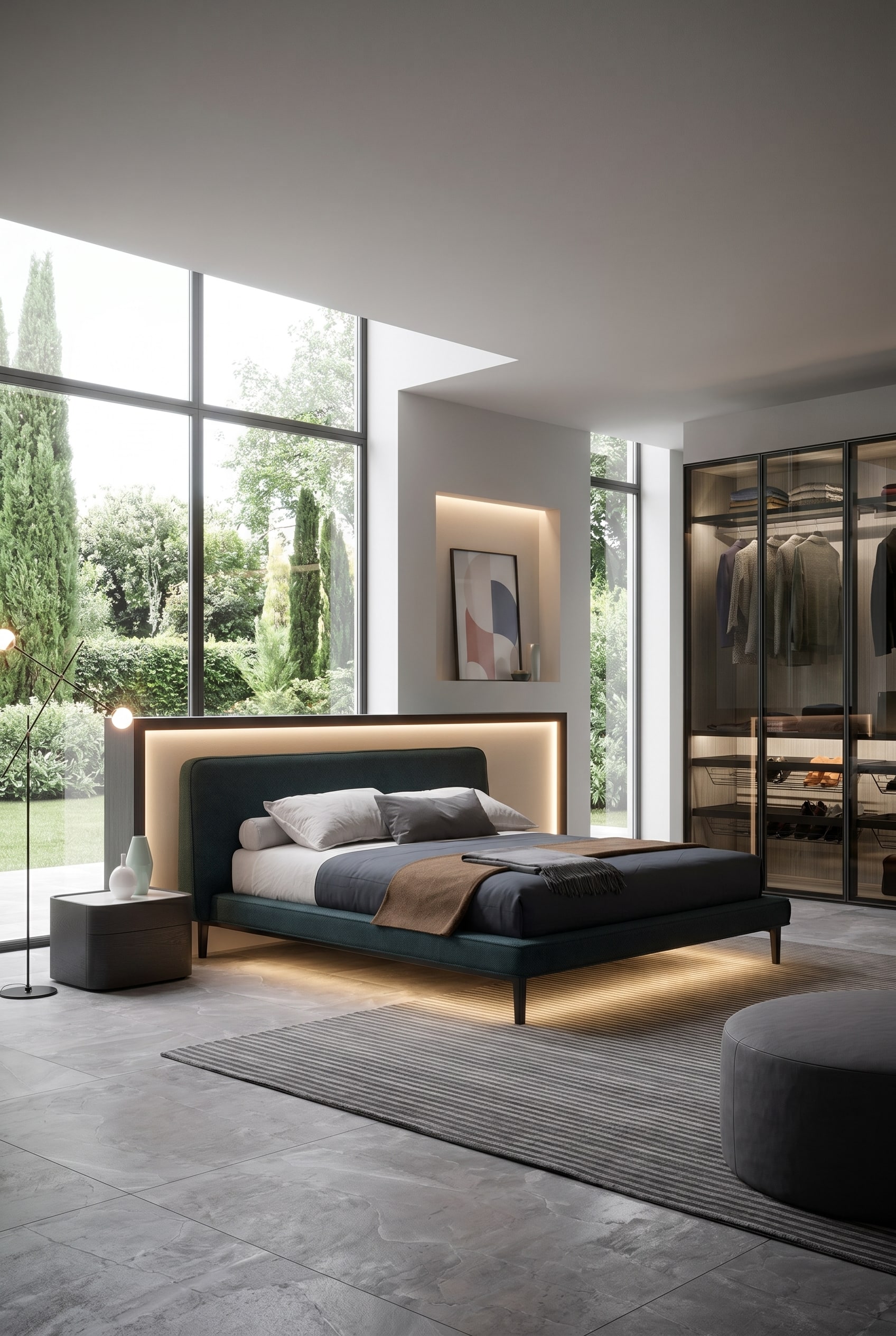 Design de chambre moderne avec un lit rembourré vert foncé et un éclairage LED de contraste chaud le long du cadre