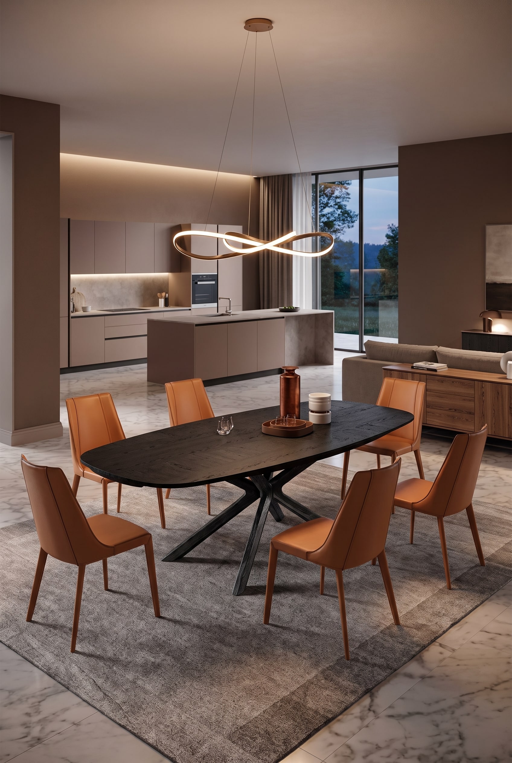 Salle à manger spacieuse avec table Ozzio Arizona Fisso, plateau en bois et piètement marquant devant un mur Macchiato