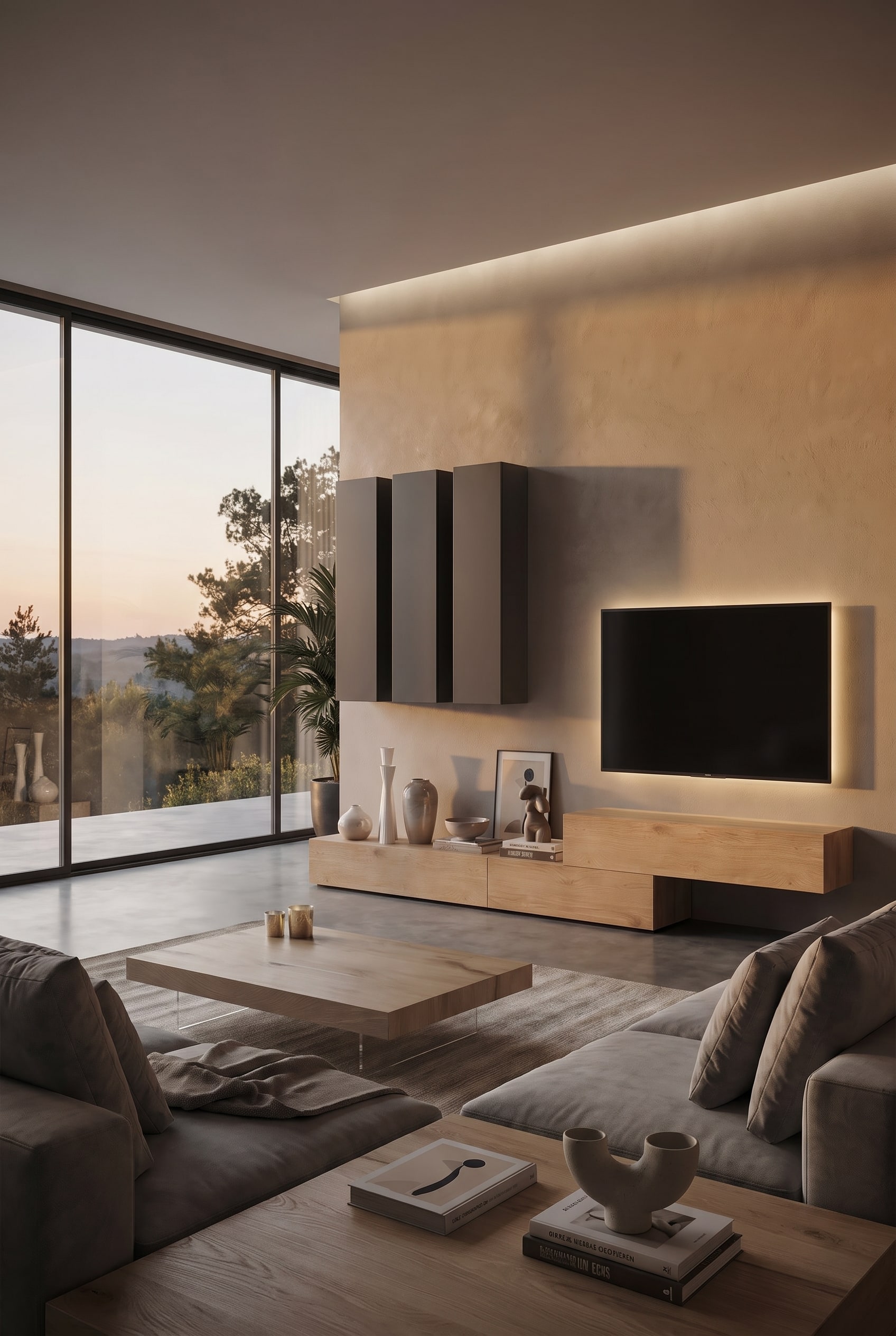 Moderne Fernsehwand mit asymmetrischen Wandpaneelen und elegant integriertem TV