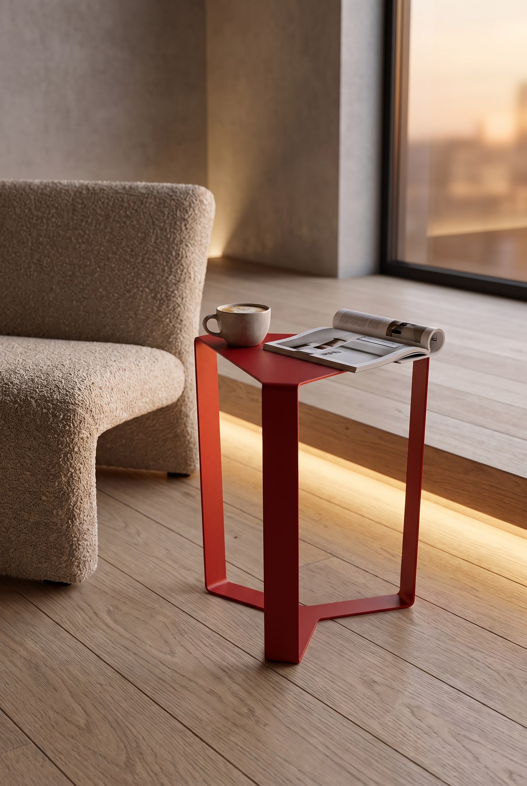 Salon puriste avec une table d'appoint en tôle d'acier pliée gris foncé extrêmement fine, placée sur un parquet en chêne clair à côté d'un fauteuil.