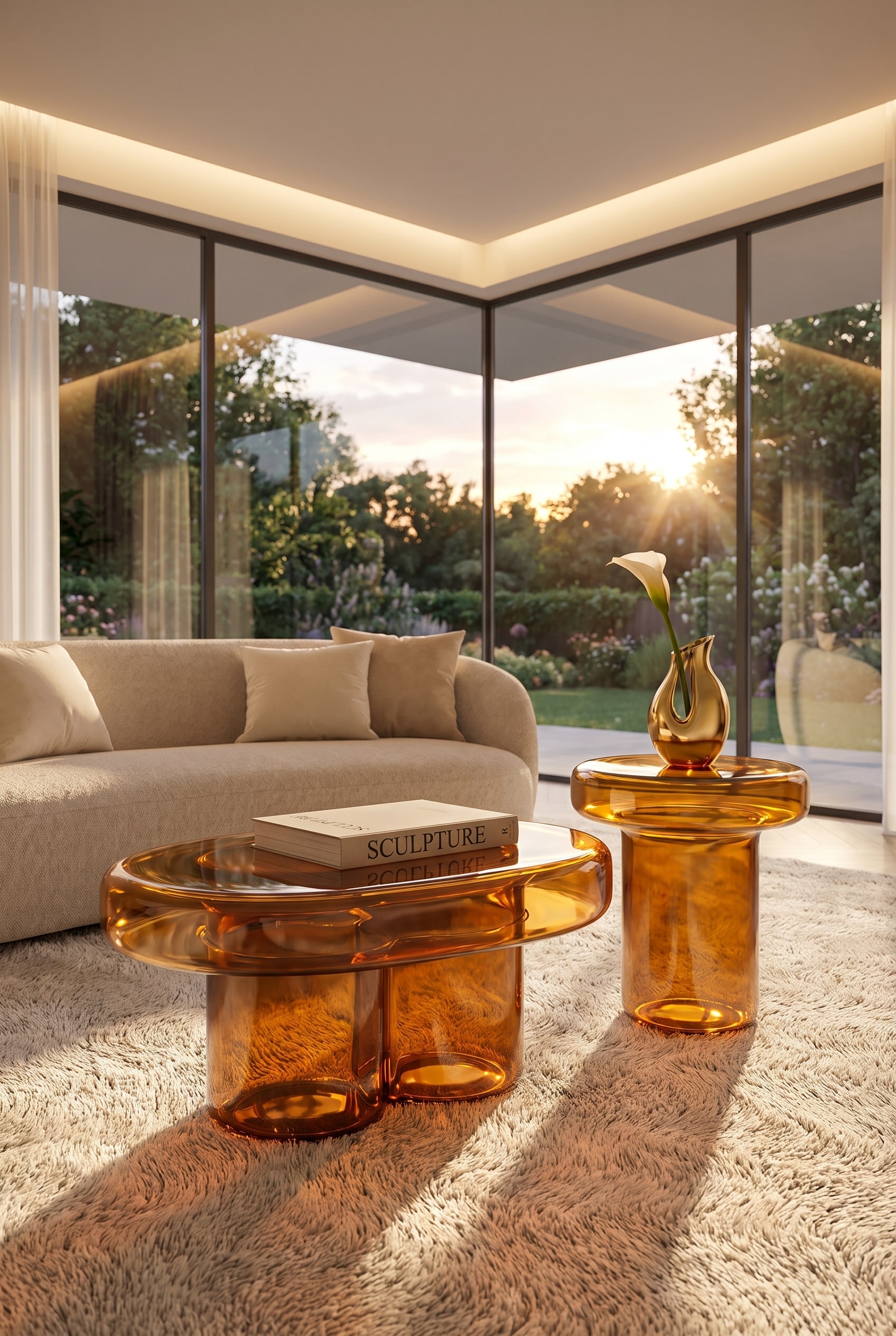 Salon lumineux avec une table basse ovale translucide en verre ambr&eacute; sur un tapis &agrave; poils longs &agrave; c&ocirc;t&eacute; d'un canap&eacute; en tissu doux