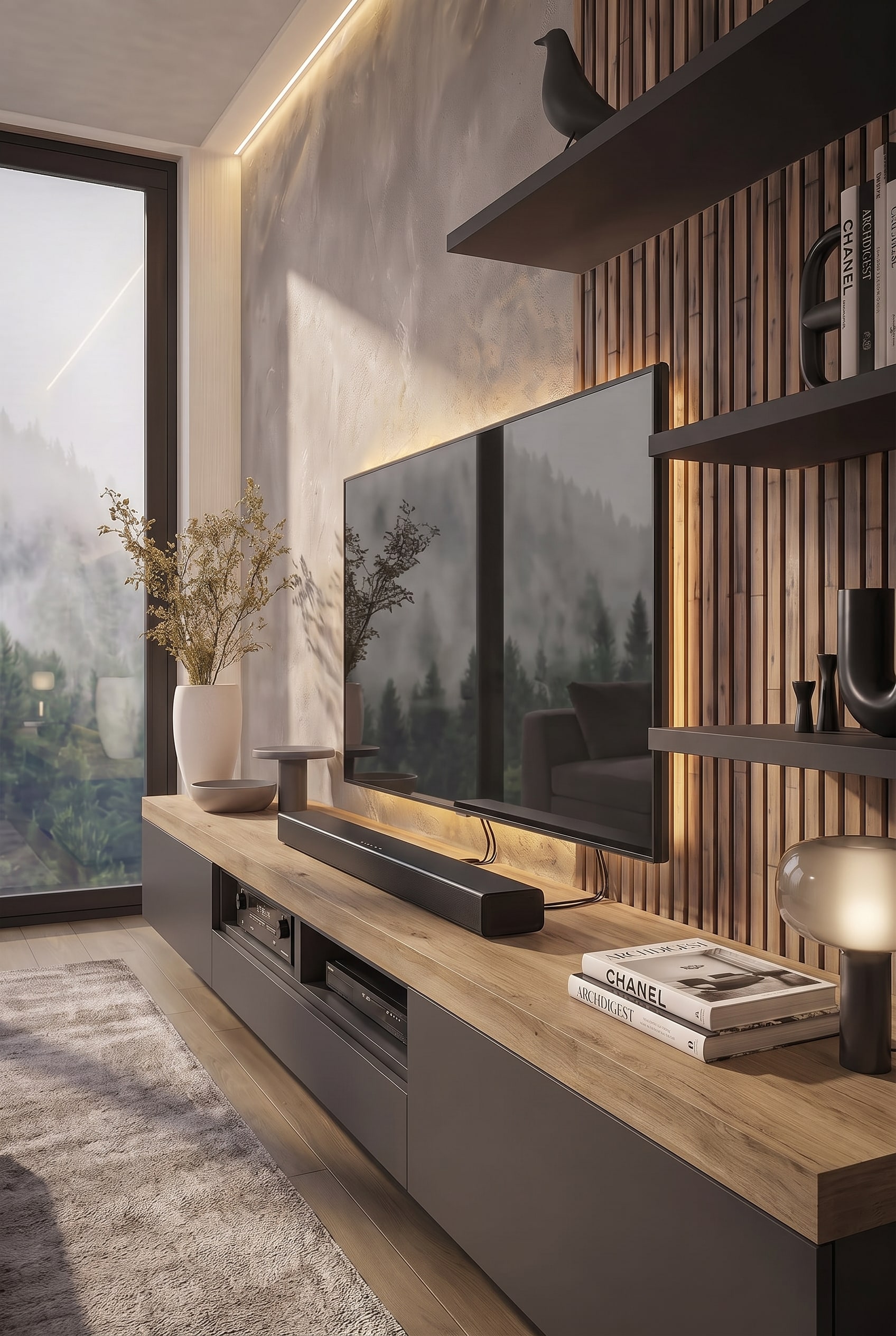 Salon avec meuble bas Livitalia C101, d&eacute;cor&eacute; de beaux livres et d'une lampe design