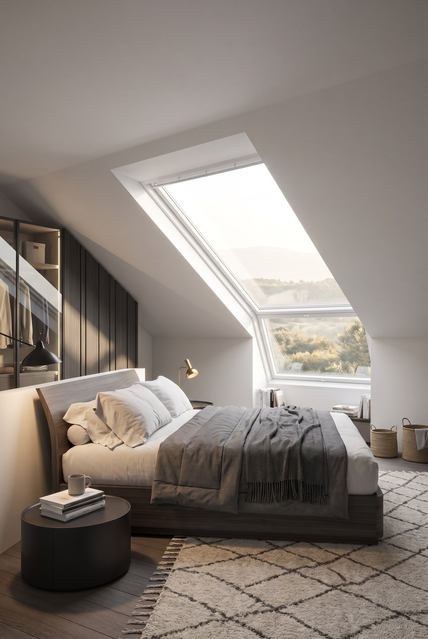 Chambre sous la sous-pente avec un lit double plat en bois et une tête de lit discrète