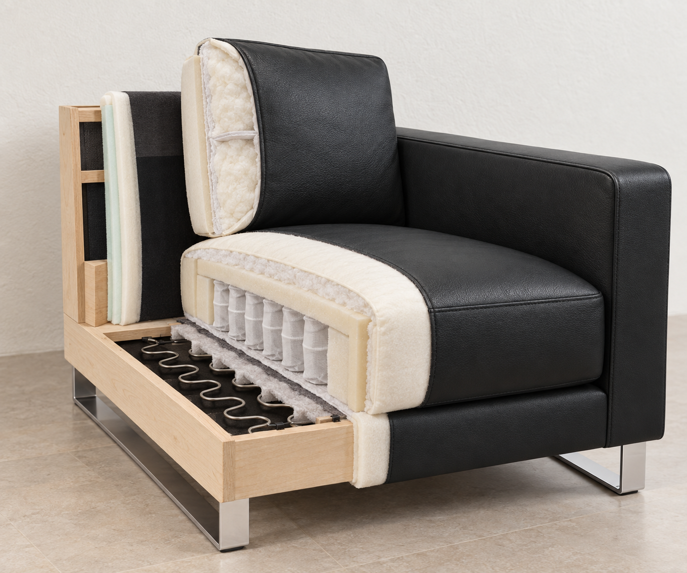 Livitalia Canapé Vinaro, 206 × 91 cm, Seminole 04 Noir, cuir véritable, piètement chromé – Coupe du rembourrage