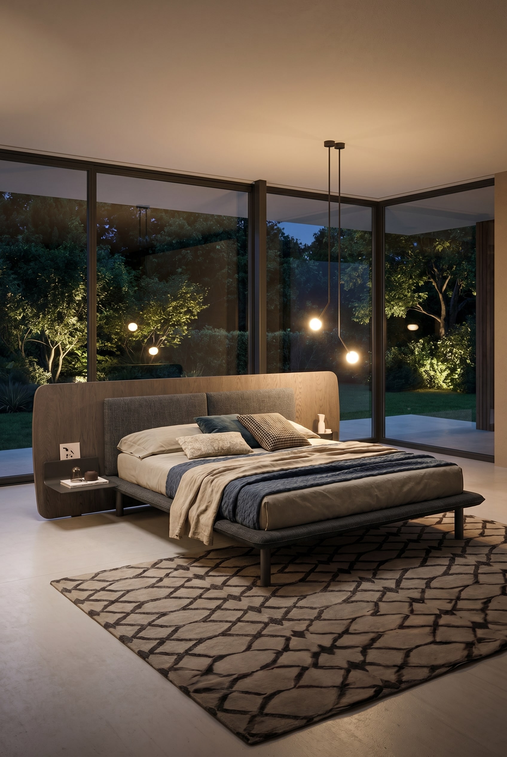 Chambre sombre avec lit en bois incluant des rangements intégrés et des suspensions pendantes