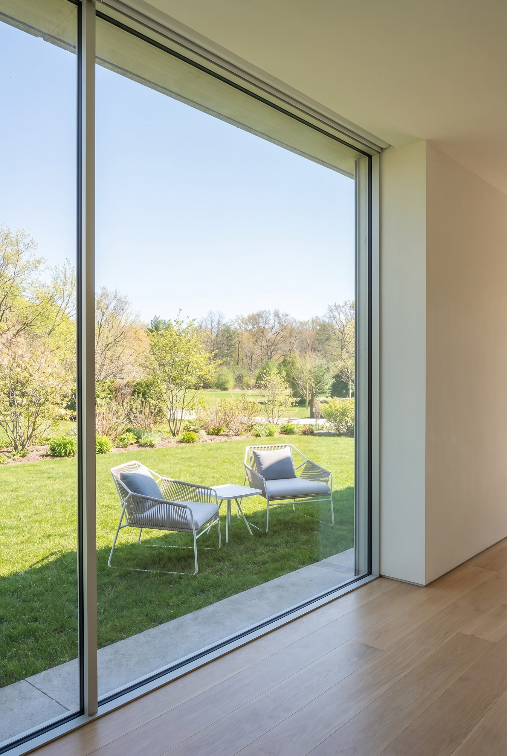 Un coin salon de jardin inondé de soleil au printemps, perspective centrée sur l'aménagement design Un coin salon de jardin inondé de soleil au printemps, perspective centrée sur l'aménagement design