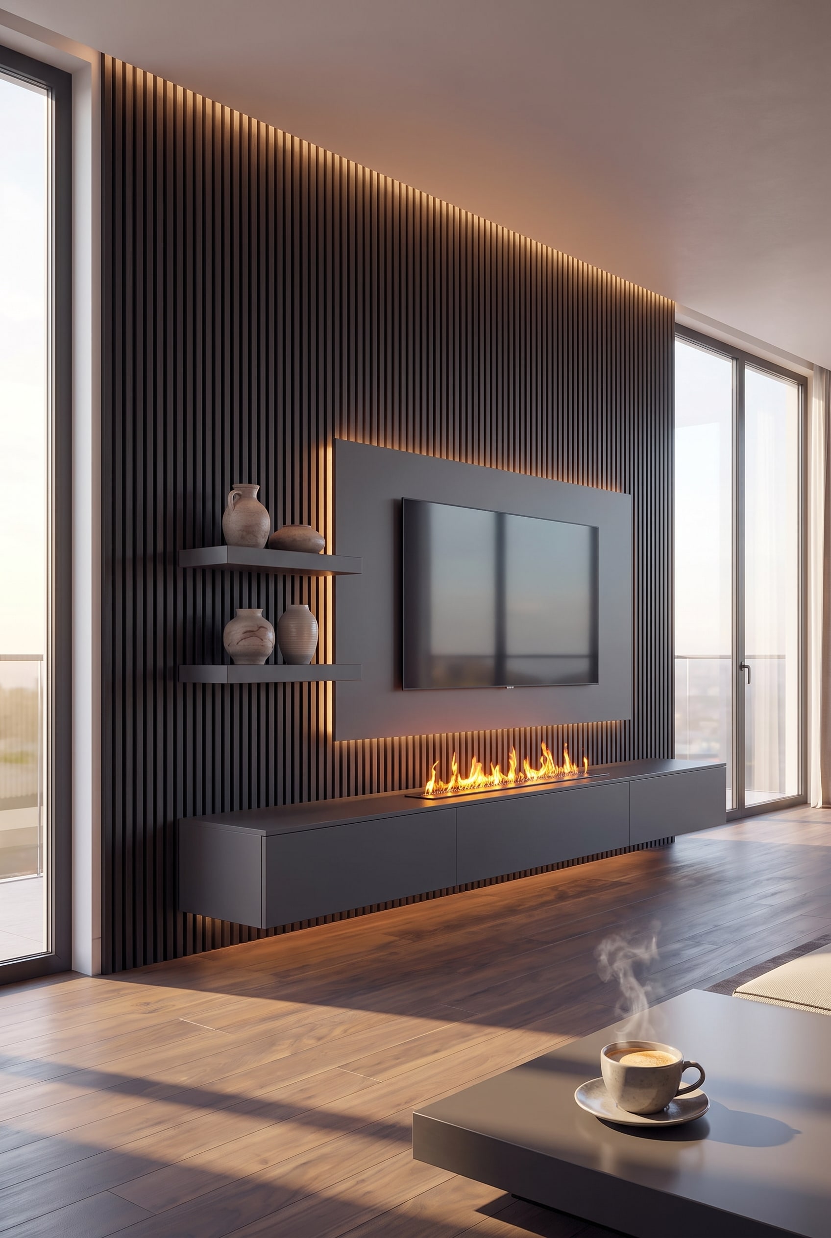 Meuble TV Livitalia C108 dans un loft spacieux avec des panneaux acoustiques &eacute;clair&eacute;s indirectement et une atmosph&egrave;re chaleureuse