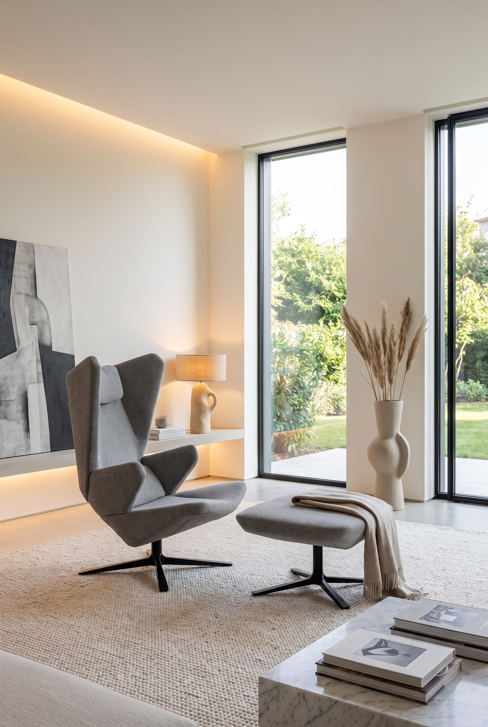 Salon blanc lumineux avec de grandes fenêtres et un fauteuil pivotant sculptural à dossier haut en gris