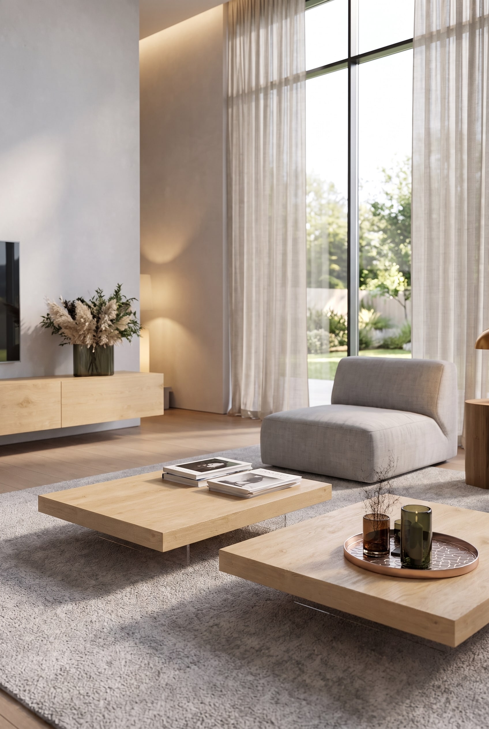 Wohnzimmer mit extrem flachem Couchtisch aus massivem Eichenholz und einem niedrigen Loungesessel