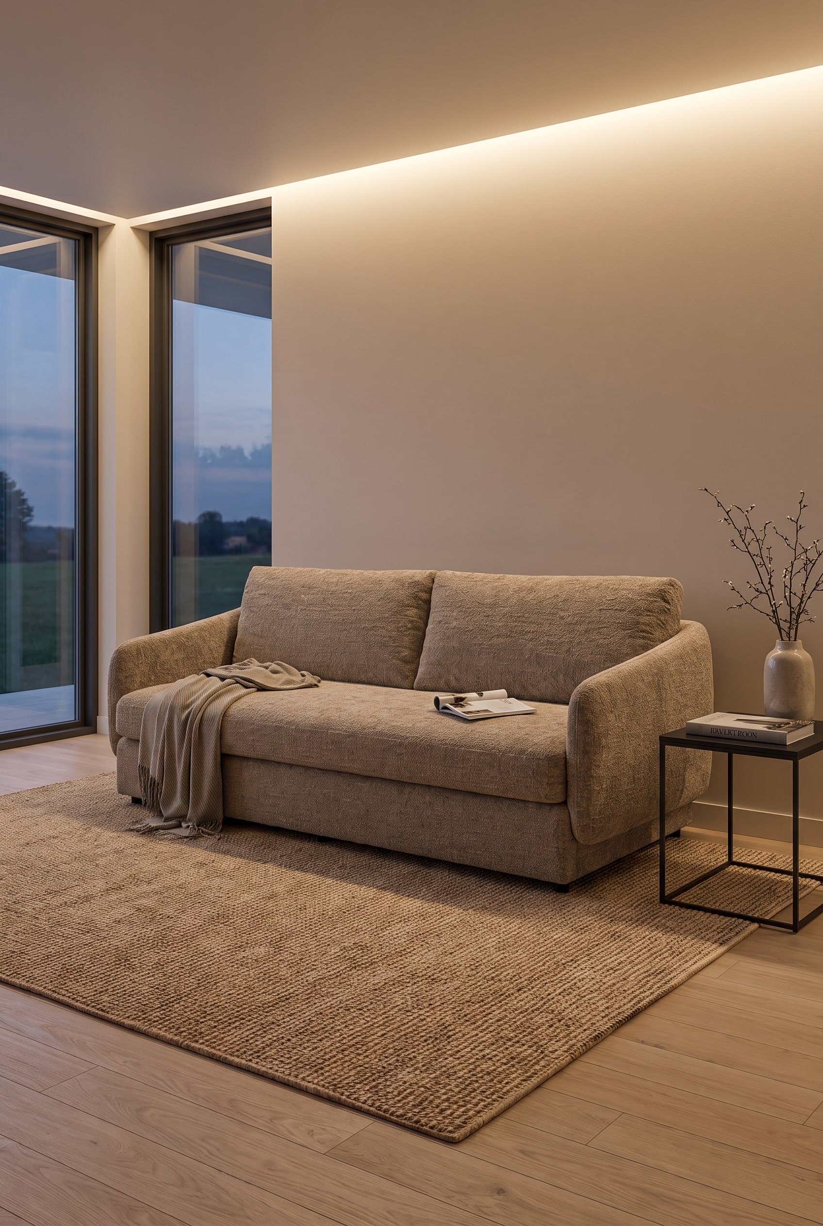 Modernes G&auml;stezimmer mit dem Designer Schlafsofa Pragaverro, gerundeten Armlehnen in Beige, einem feinen Bildband auf dem Beistelltisch und warmer, indirekter Beleuchtung