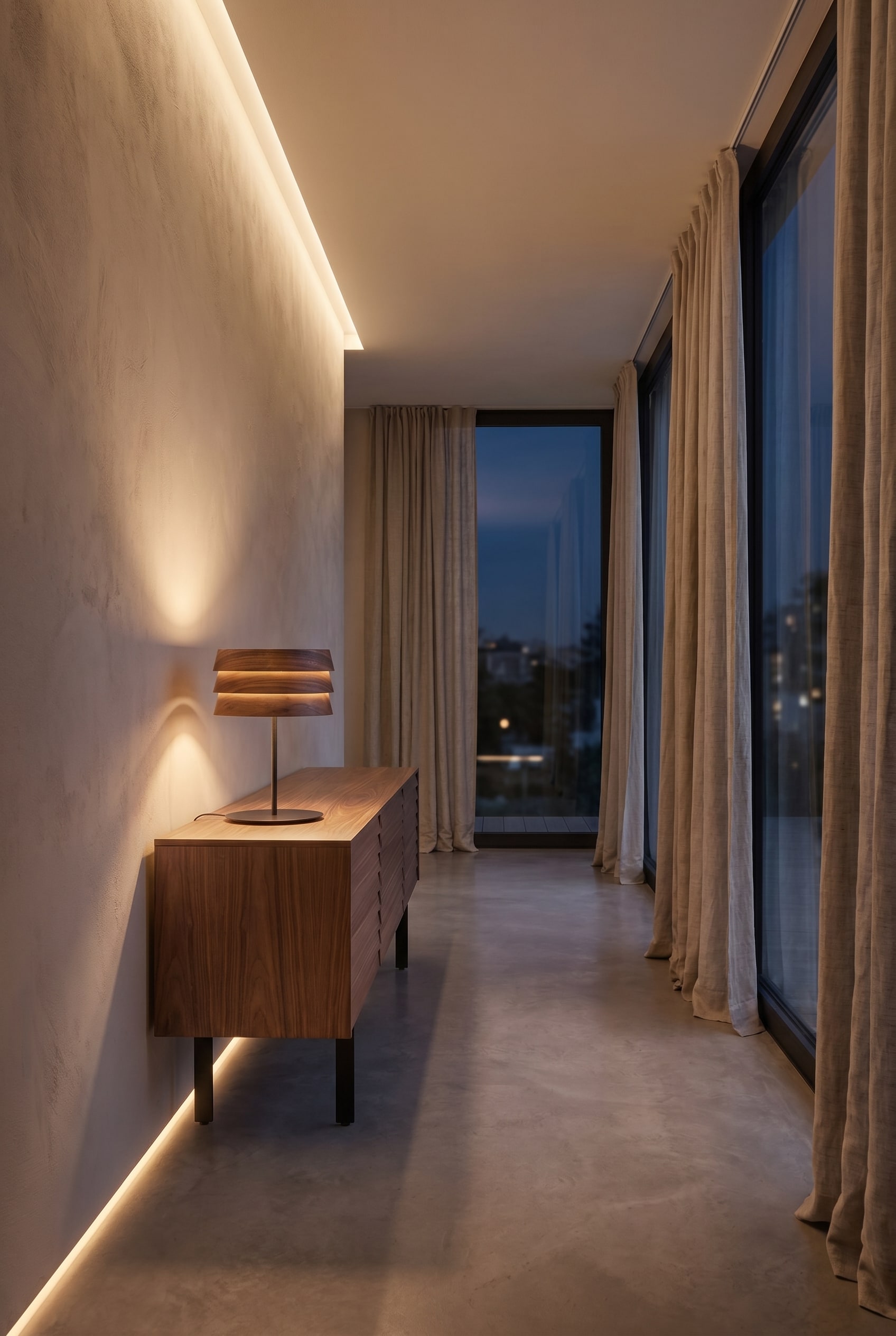 Salon moderne avec plan &eacute;troit, buffet en noyer et lampe de table en bois au design superpos&eacute; sous une douce lumi&egrave;re du soir
