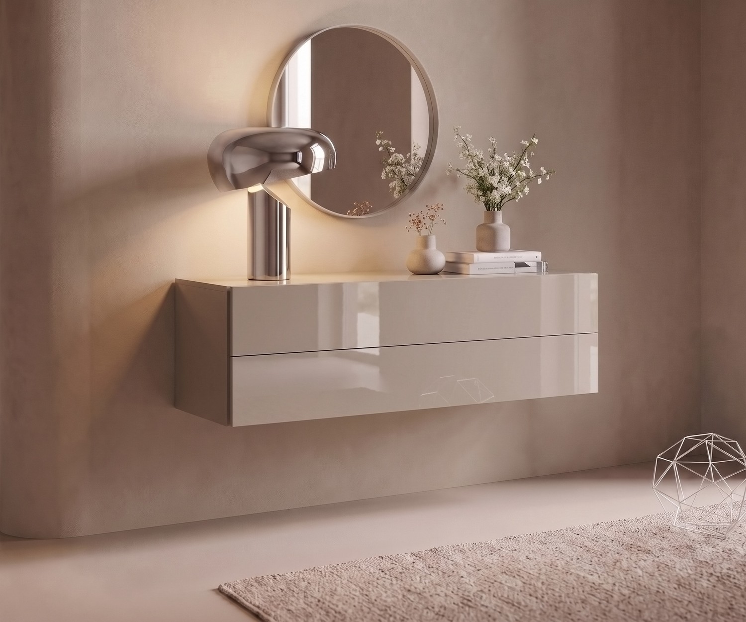 Commode suspendue Novamobili Easy beige sable Commode suspendue Novamobili Easy. Buffet mural beige sable brillant pour une entrée au design moderne et minimaliste.