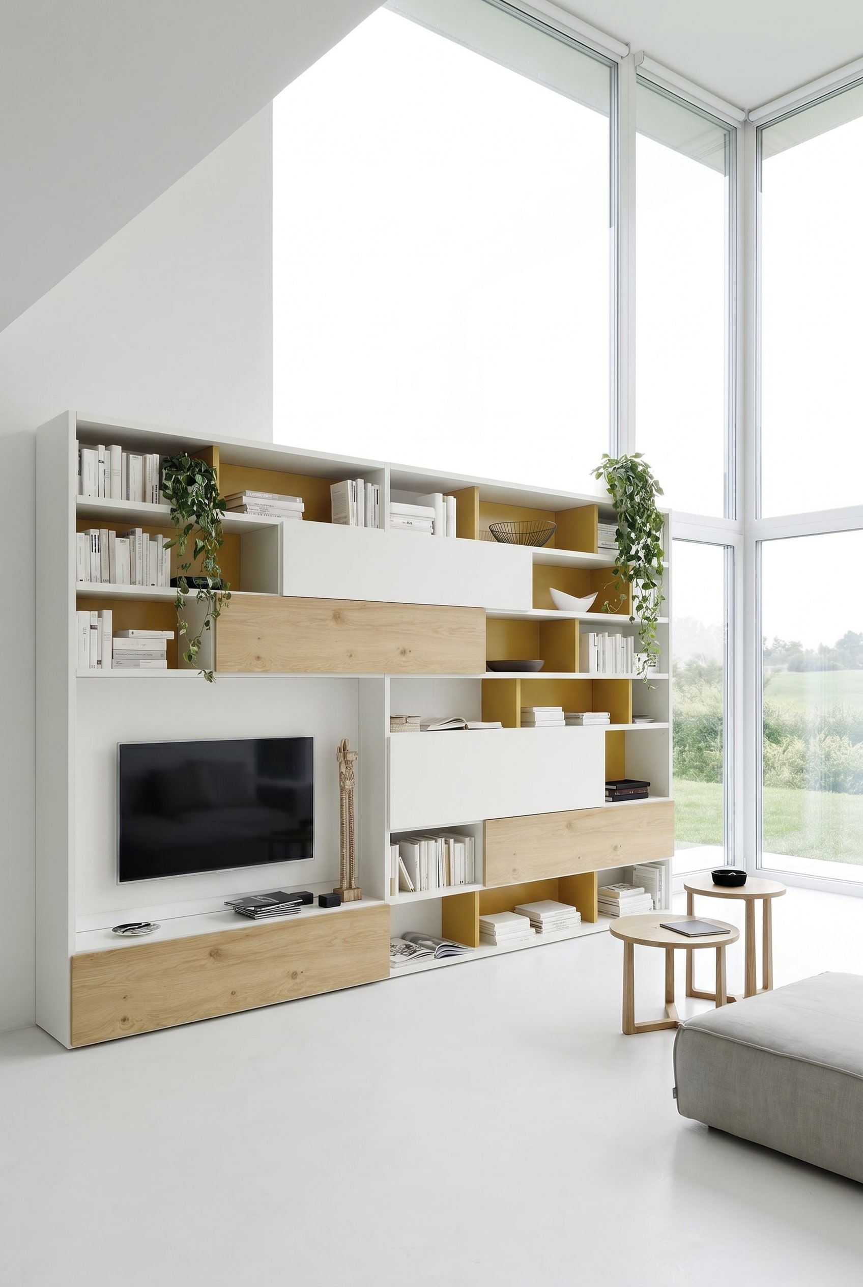 Wohnzimmer mit B&uuml;cherregal C51 in heller Eiche und Wei&szlig;, dekoriert mit Bildb&auml;nden und einer minimalistischen Skulptur