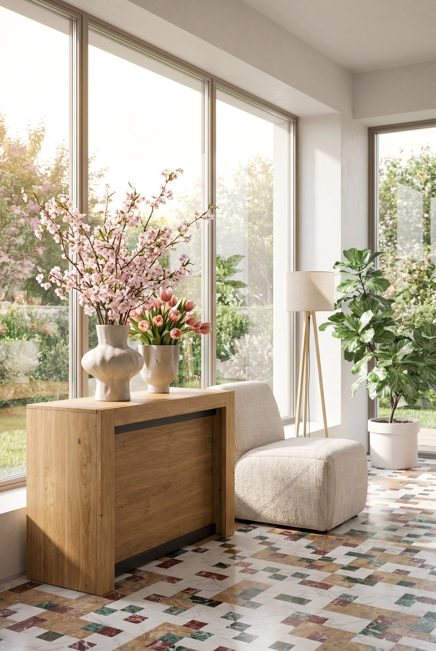 Entrée accueillante avec console en chêne massif, fauteuil beige, lampadaire scandinave et grand cache-pot en céramique