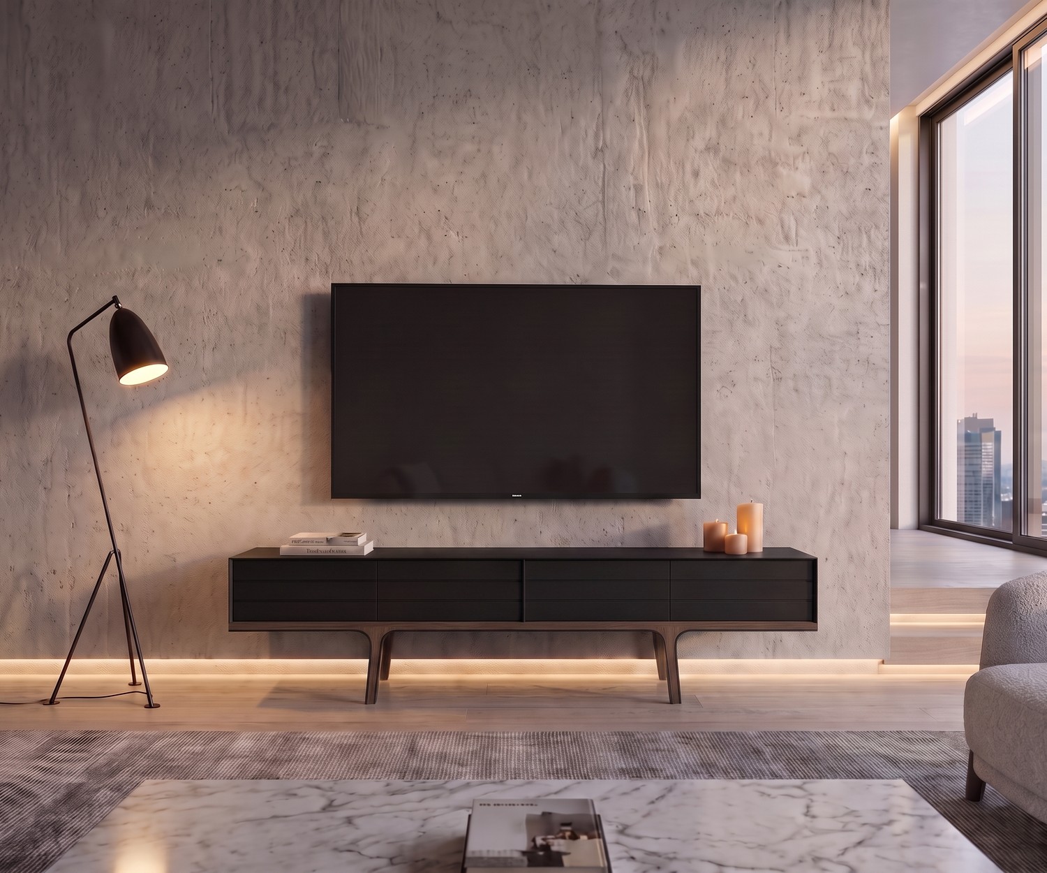 Meuble TV design al2 Mobius 004 Meuble TV bas al2 Mobius 004 dans un salon moderne, console média sombre sous l'écran, mur en béton gris.