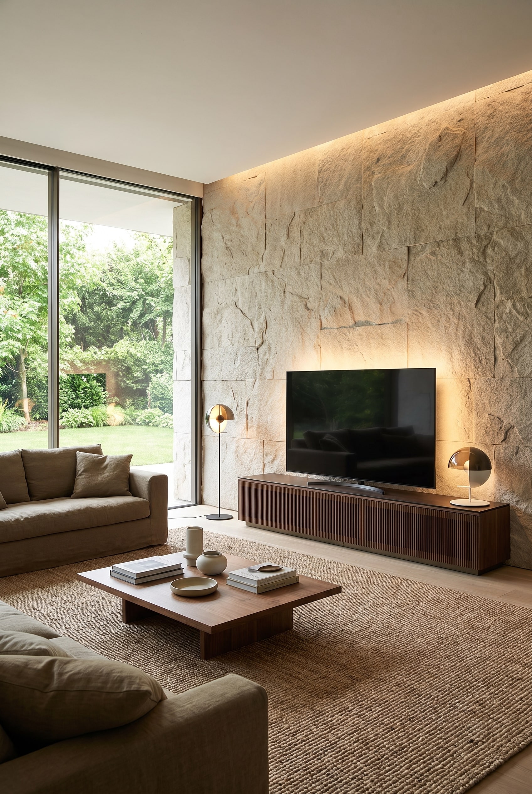 Mur en pierre naturelle derri&egrave;re la t&eacute;l&eacute;vision dans des tons terreux chauds avec &eacute;clairage LED indirect et vue sur le jardin &agrave; travers de grandes fen&ecirc;tres.