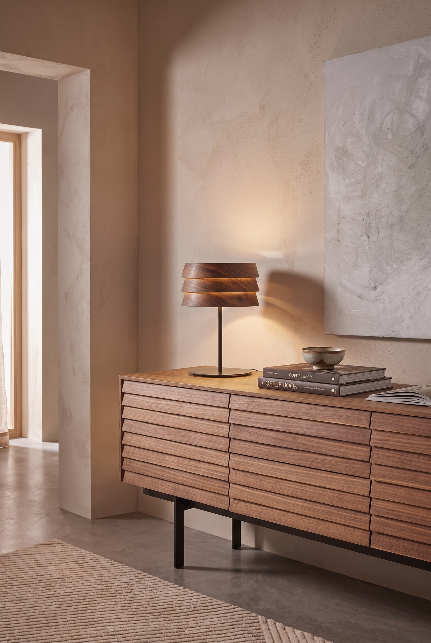 Couloir moderne avec lampe de table &agrave; lamelles de bois sur une console plate, lumi&egrave;re chaude et livre de design