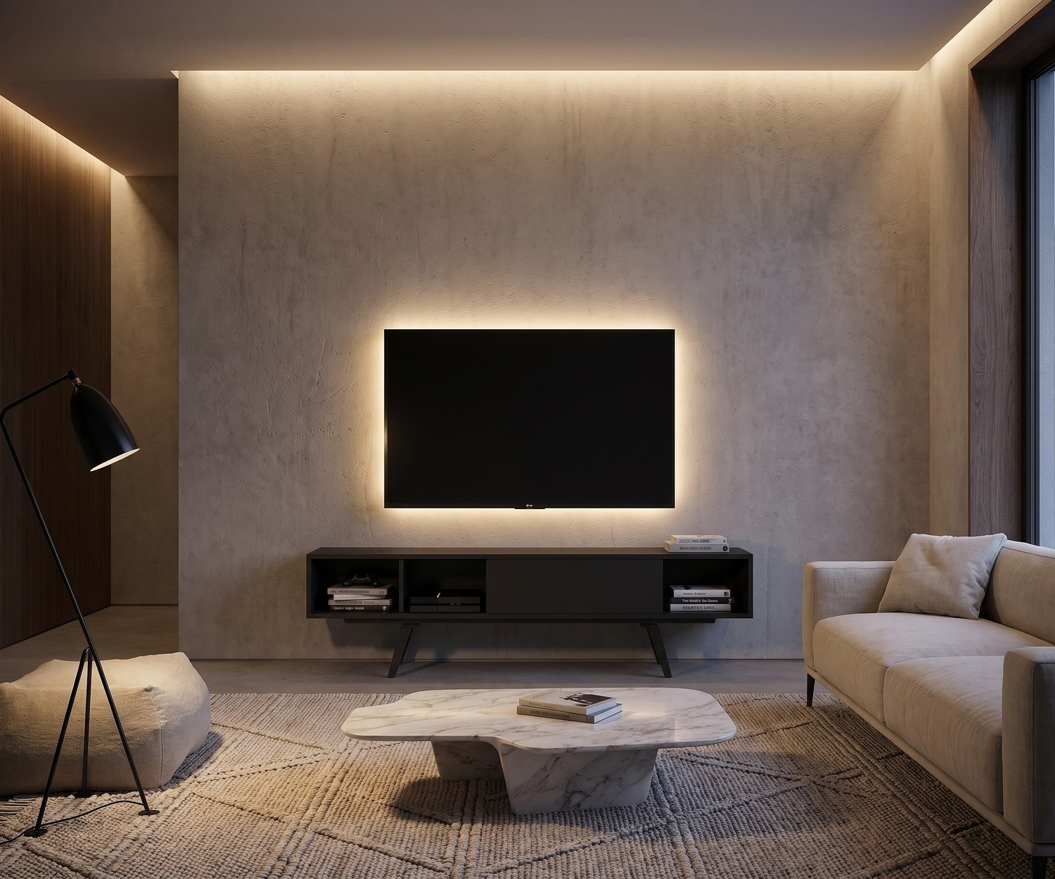 Meuble TV design moderne al2 e-klipse 005 Meuble TV bas al2 e-klipse 005 dans un salon minimaliste sous un téléviseur rétroéclairé.