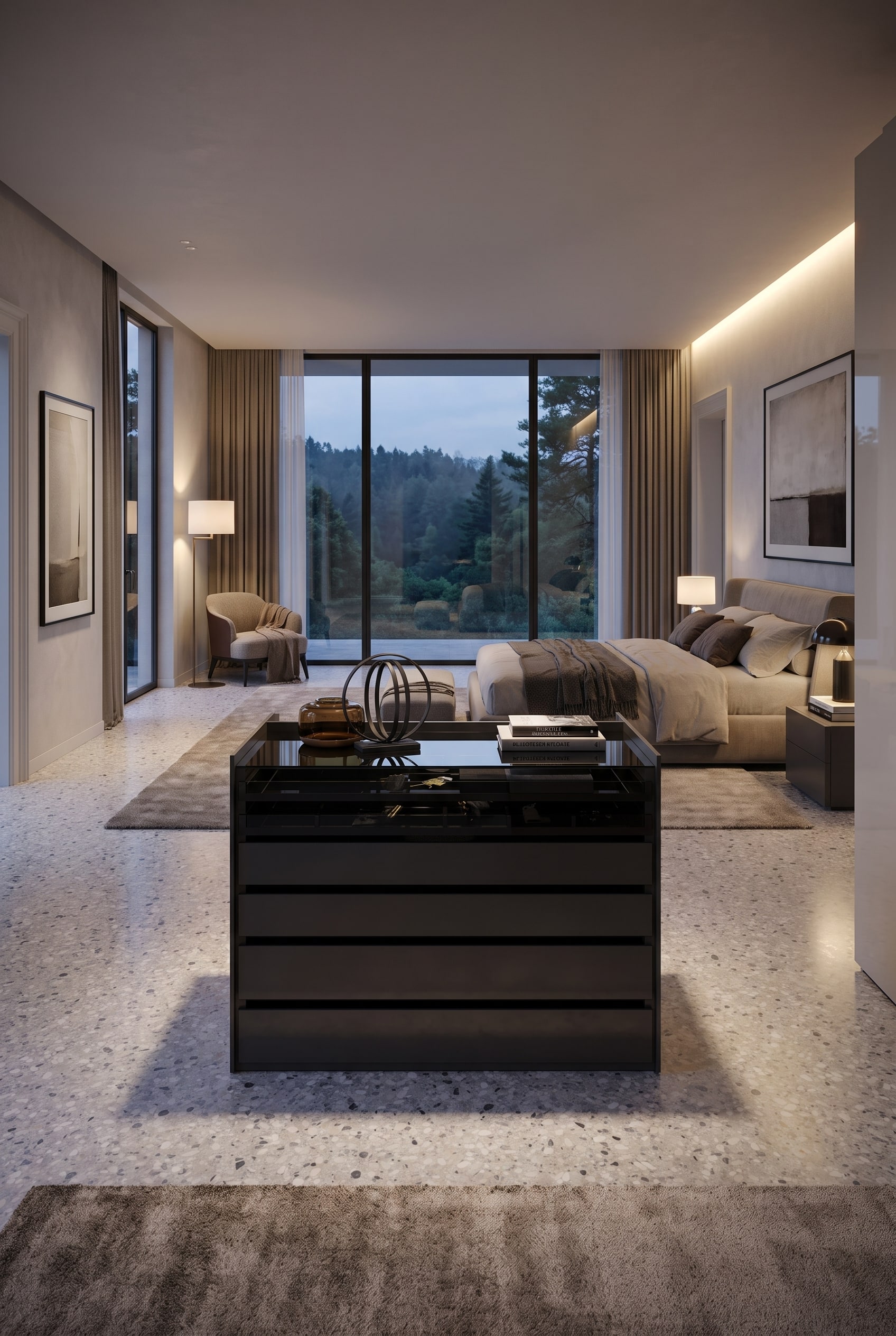 &Icirc;lot-armoire autoportant Novamobili Aristotele avec plateau en verre au milieu d'une grande chambre luxueuse