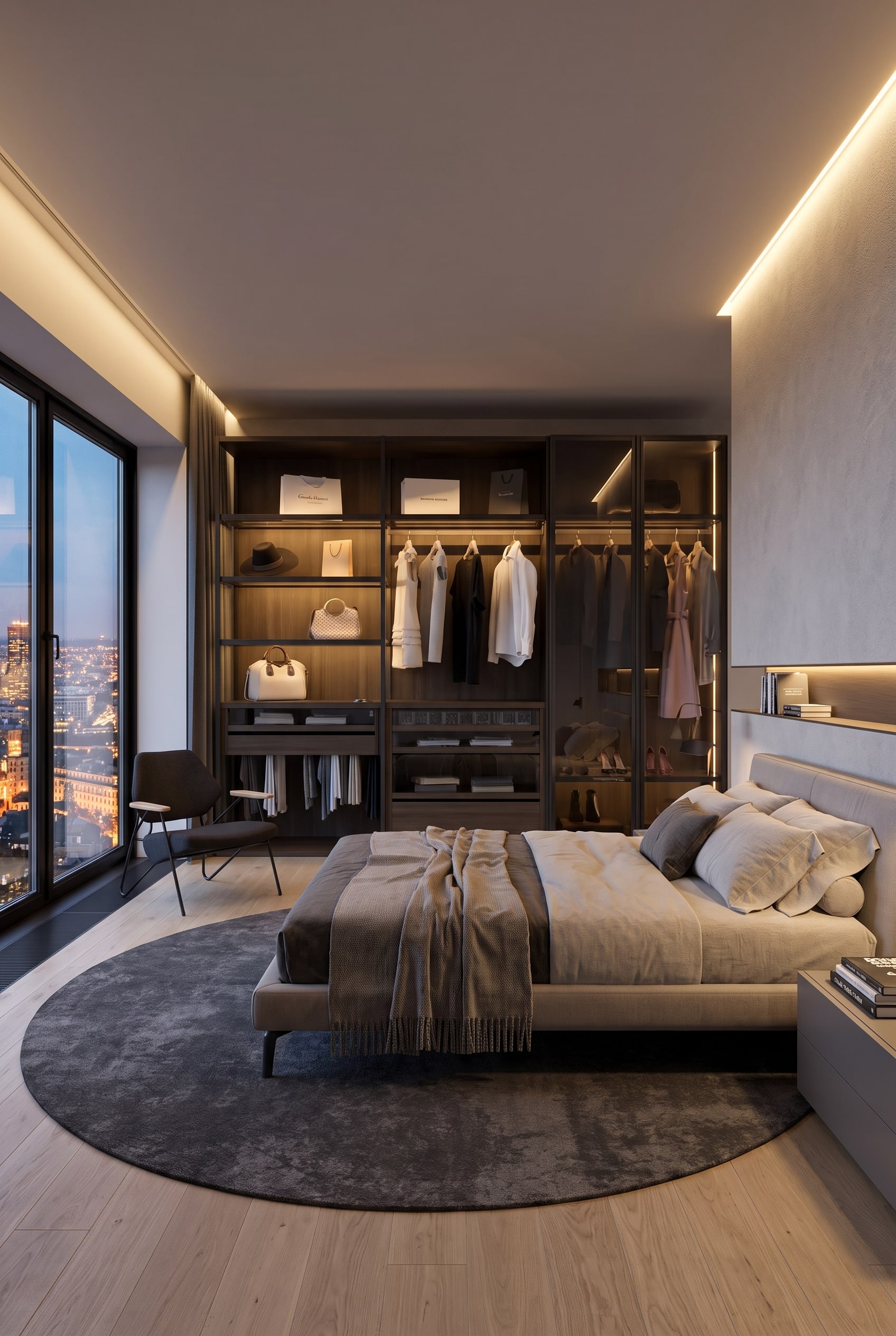 Schlafzimmer mit offenem Ankleidesystem in Dunkelbraun Schlafzimmer mit offenem Ankleidesystem in Dunkelbraun