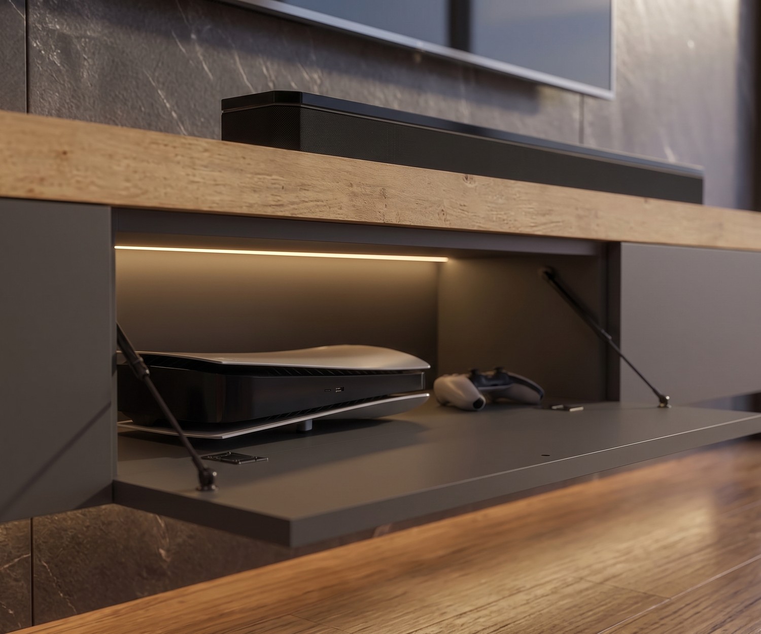 Meuble TV Livitalia avec plateau épais Meuble TV de salon gris avec un plateau en bois épais et un compartiment éclairé pour console par Livitalia.