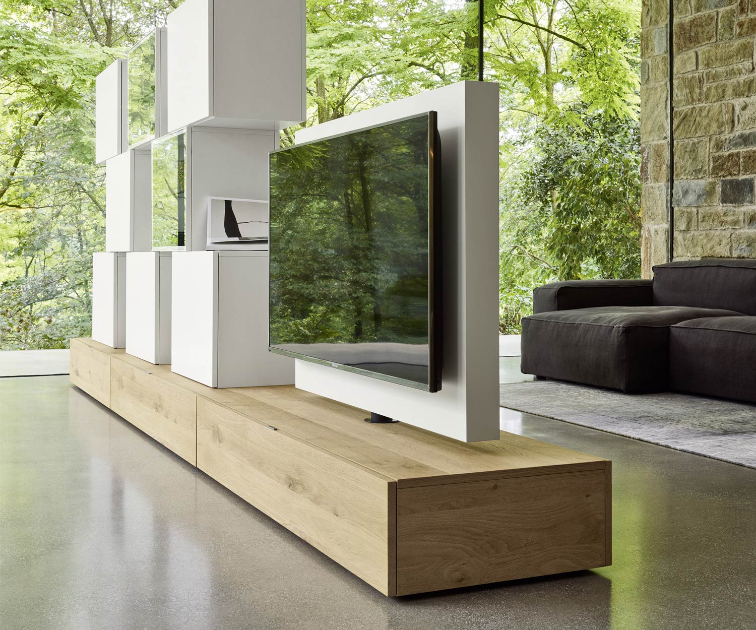 Exclusif Livitalia Meuble-paroi design C46 avec panneau TV pivotant en blanc mat