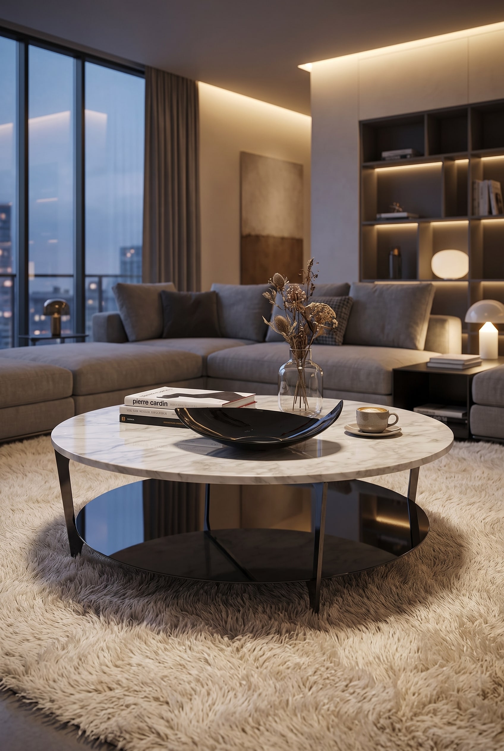 Salon de style italien luxueux avec une table basse filigrane, dotée d'un plateau fin et élégant en aspect marbre brun foncé, reposant sur un piètement délicat.