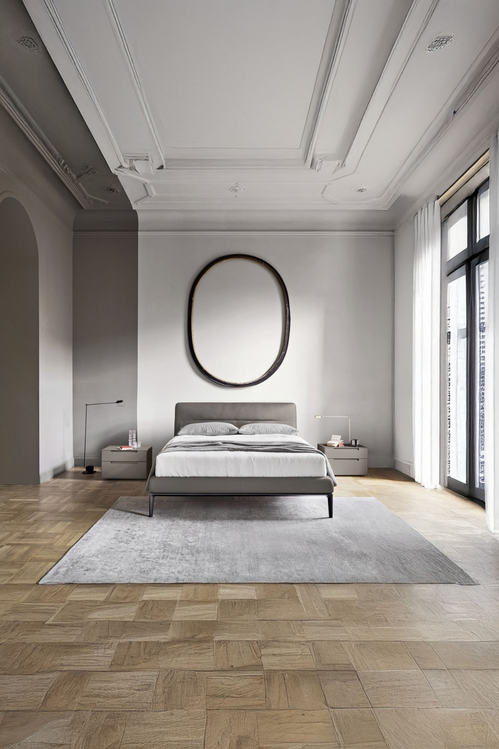 meubles-de-chambre-modernes-gris-dans-un-batiment-ancien-avec-plafond-en-stuc