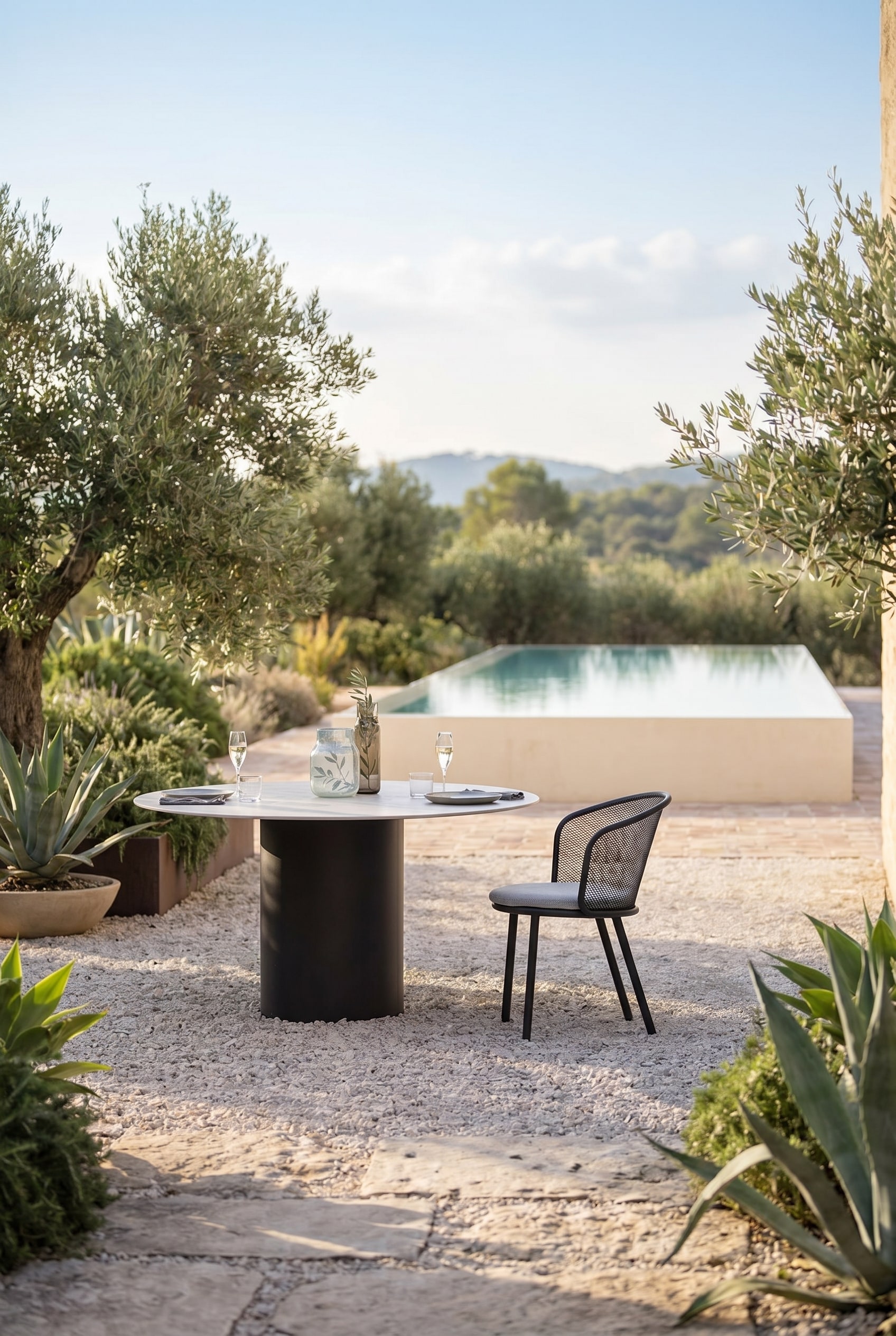 Helle Kies-Terrasse mit rundem Outdoor-Tisch und modernen Gartenst&uuml;hlen mit gebogener Streckmetall-R&uuml;ckenlehne in Schwarz