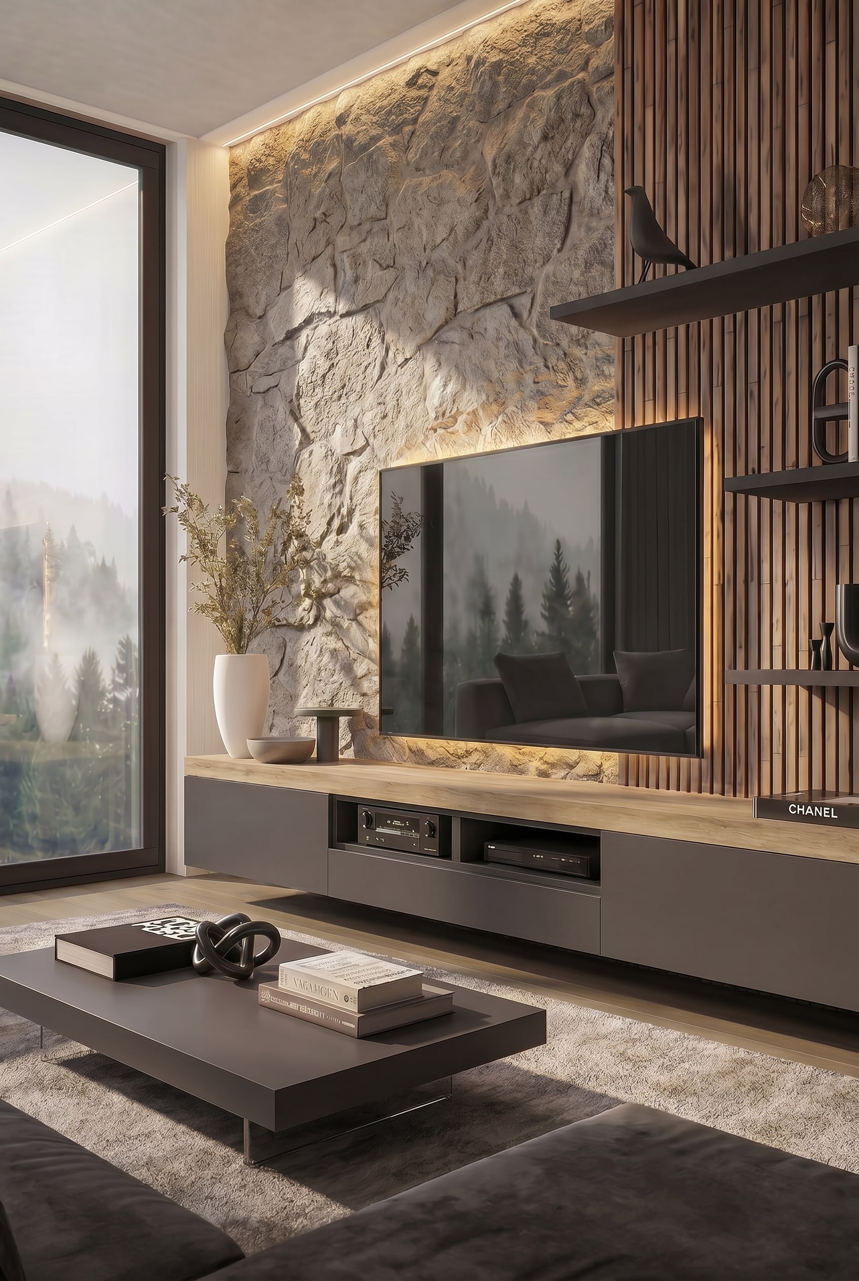 Wohnzimmer mit grauem Lowboard, Holzlamellen und betonartiger strukturierter Wand hinter dem Fernseher